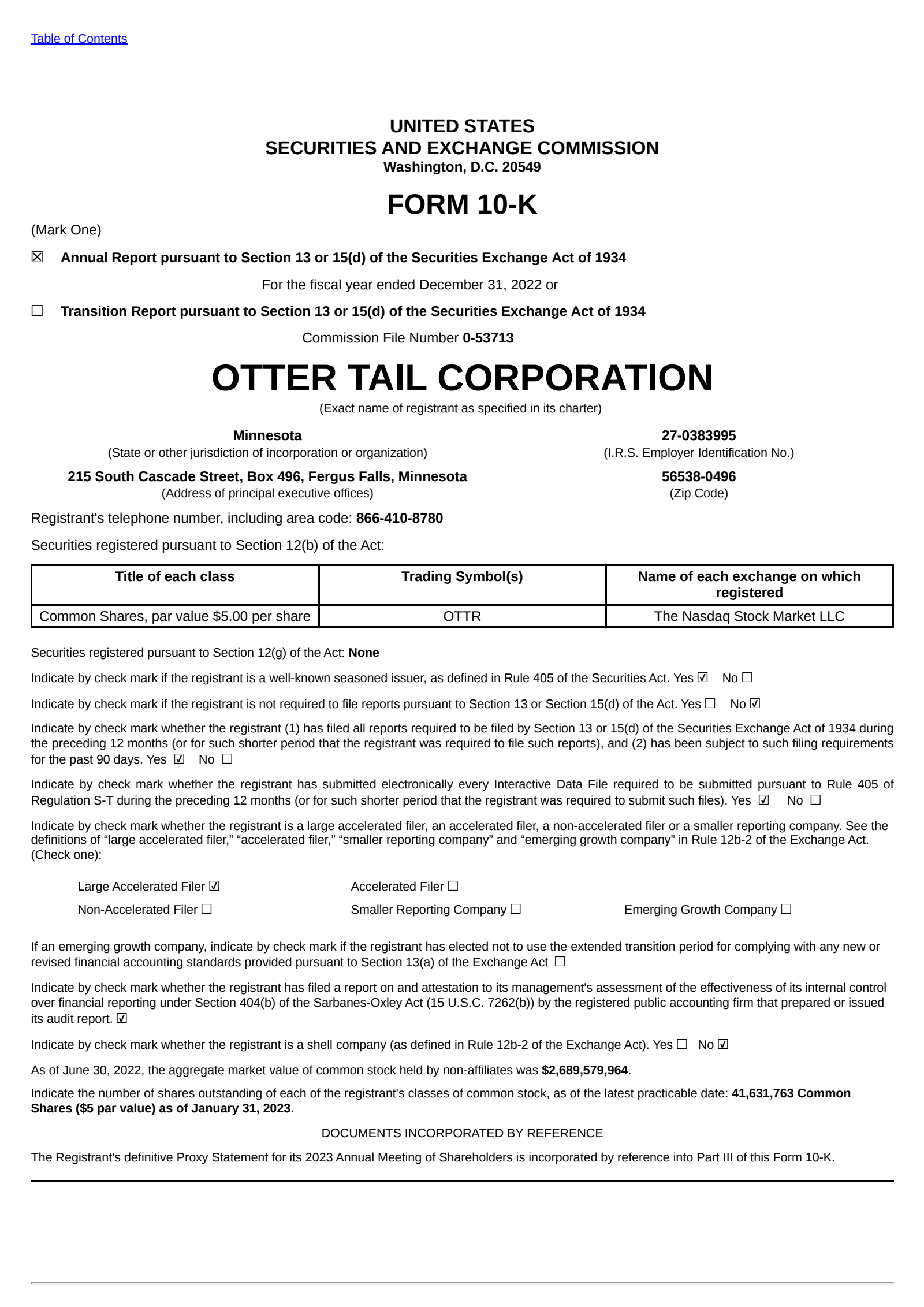 Otter Tail's Q4 2022 Annual report