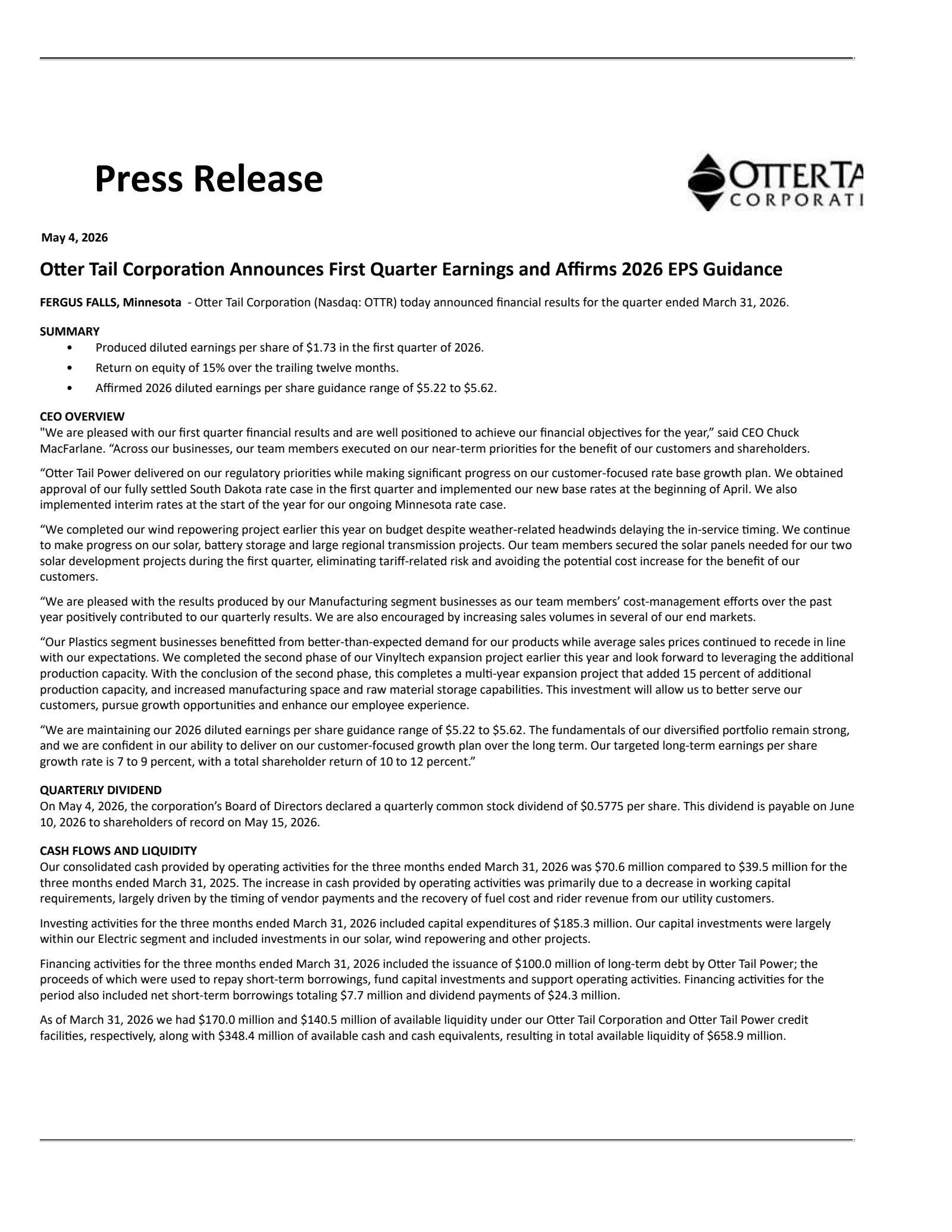 Otter Tail's Q1 2026 Press Release
