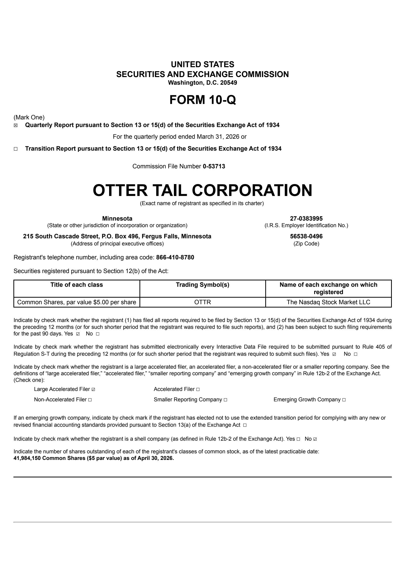 Otter Tail's Q1 2026 Quarterly report