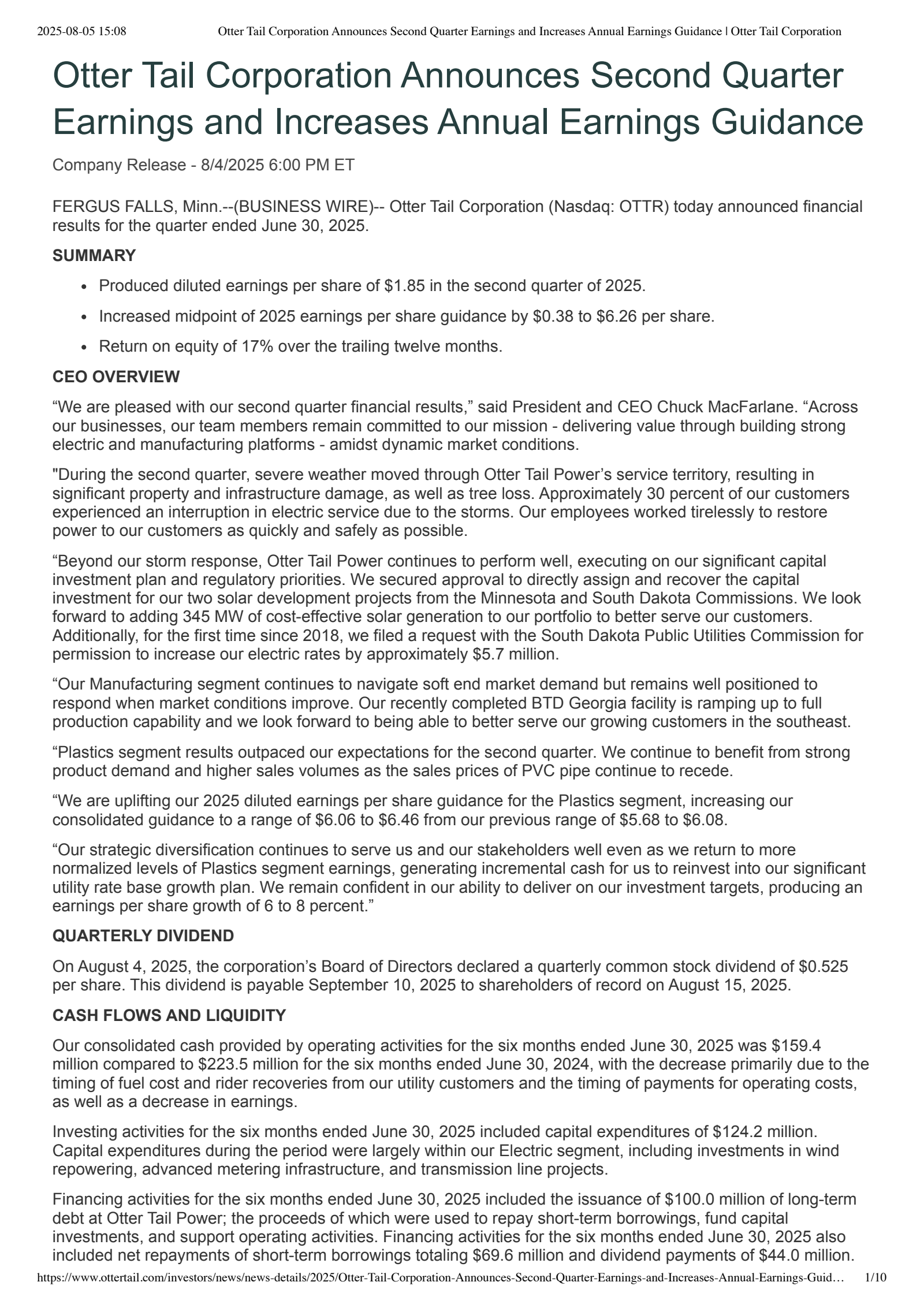 Otter Tail's Q2 2025 Press Release