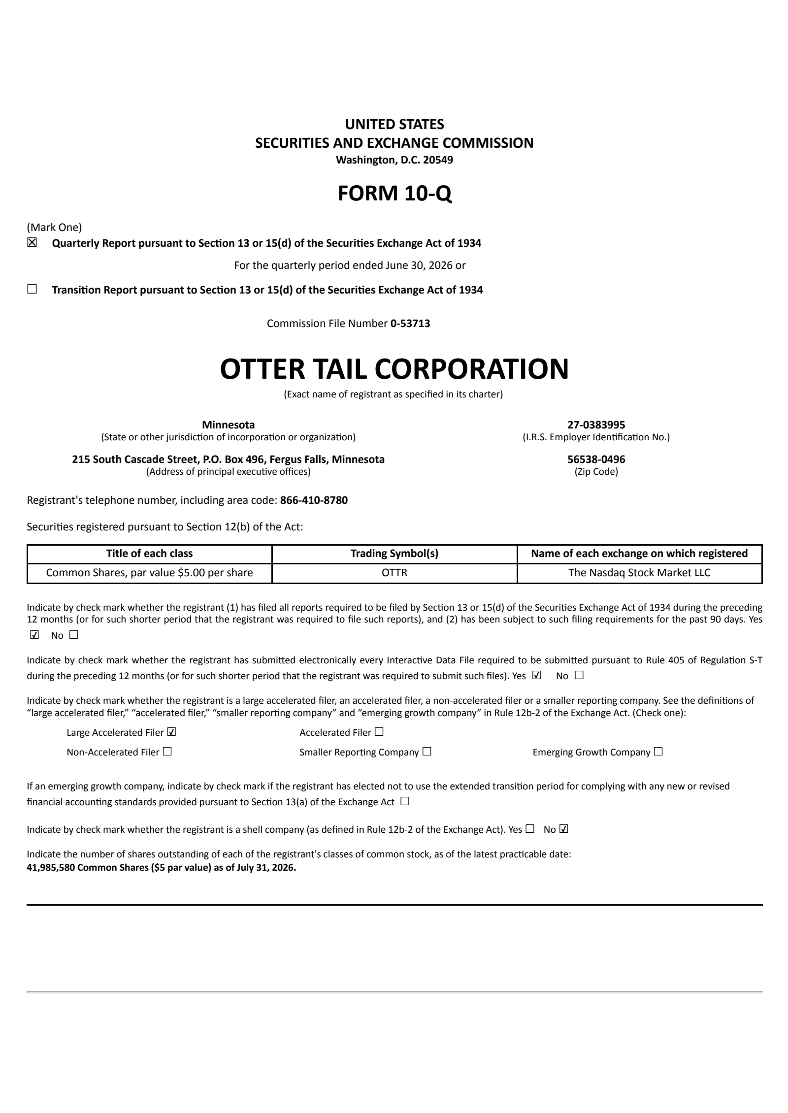 Otter Tail's Q2 2026 Quarterly report