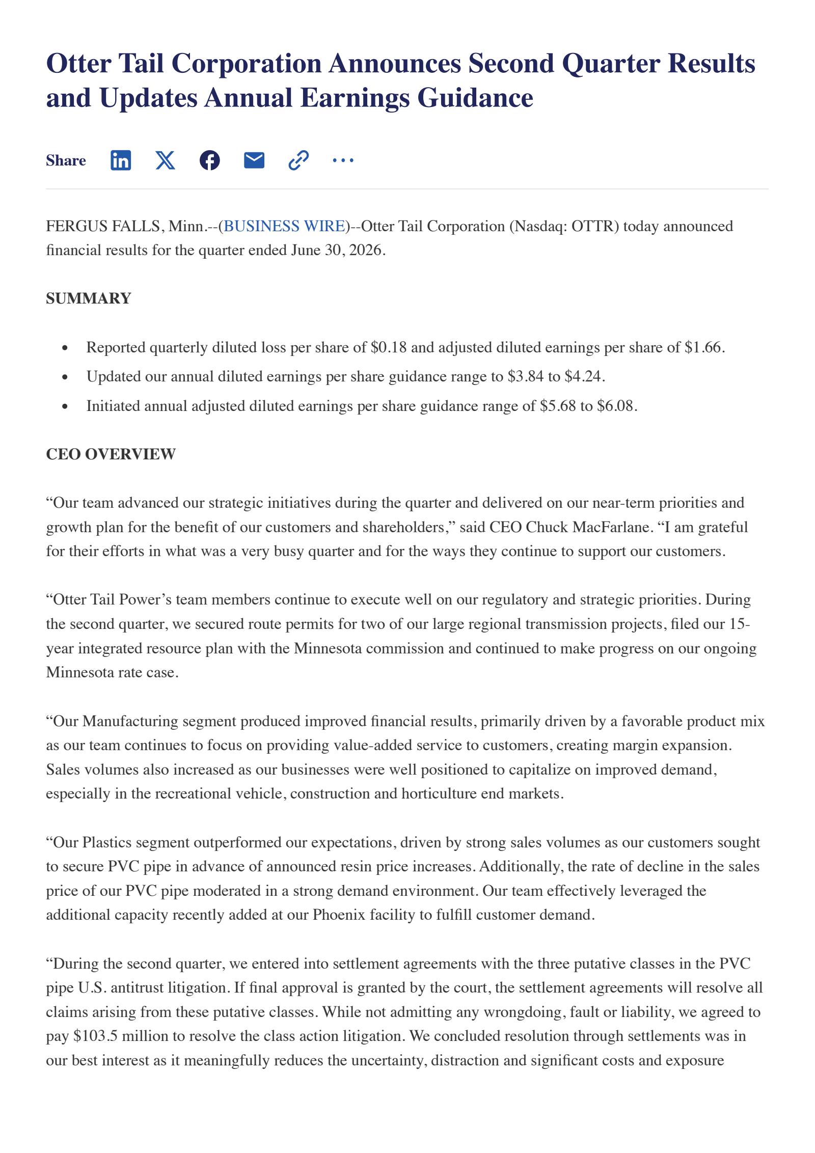 Otter Tail's Q2 2026 Press Release