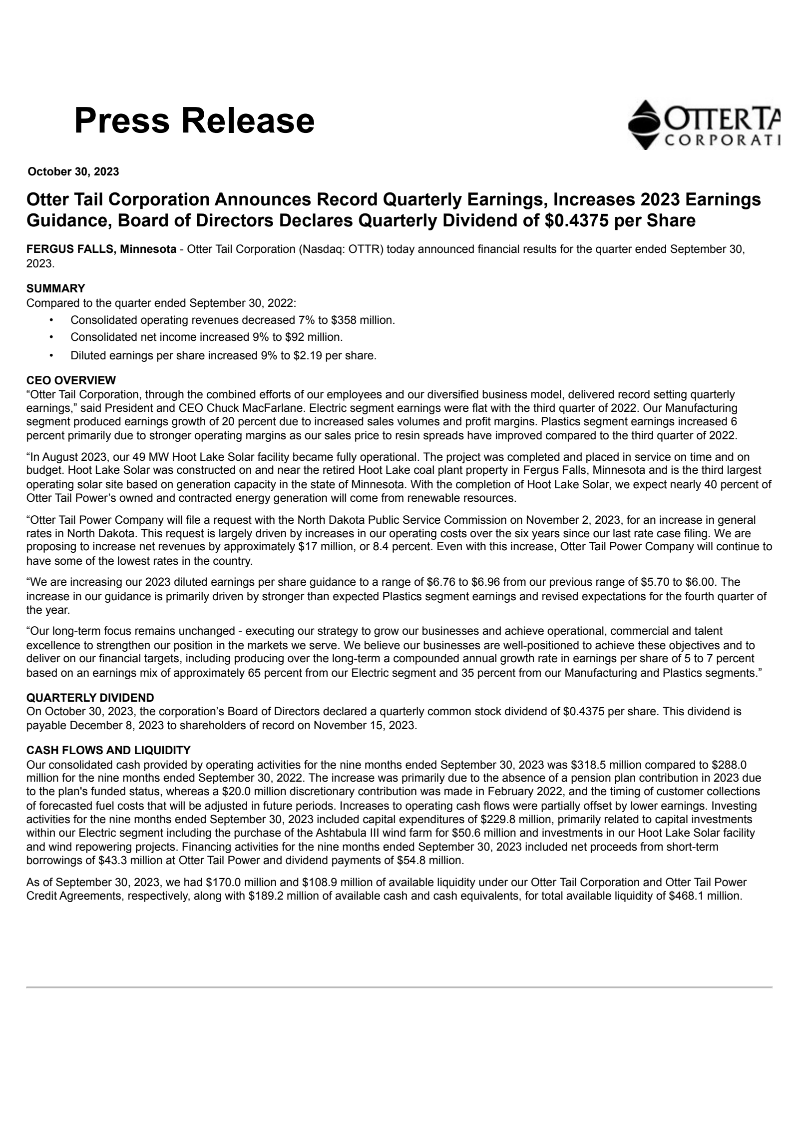 Otter Tail's Q3 2023 Press Release
