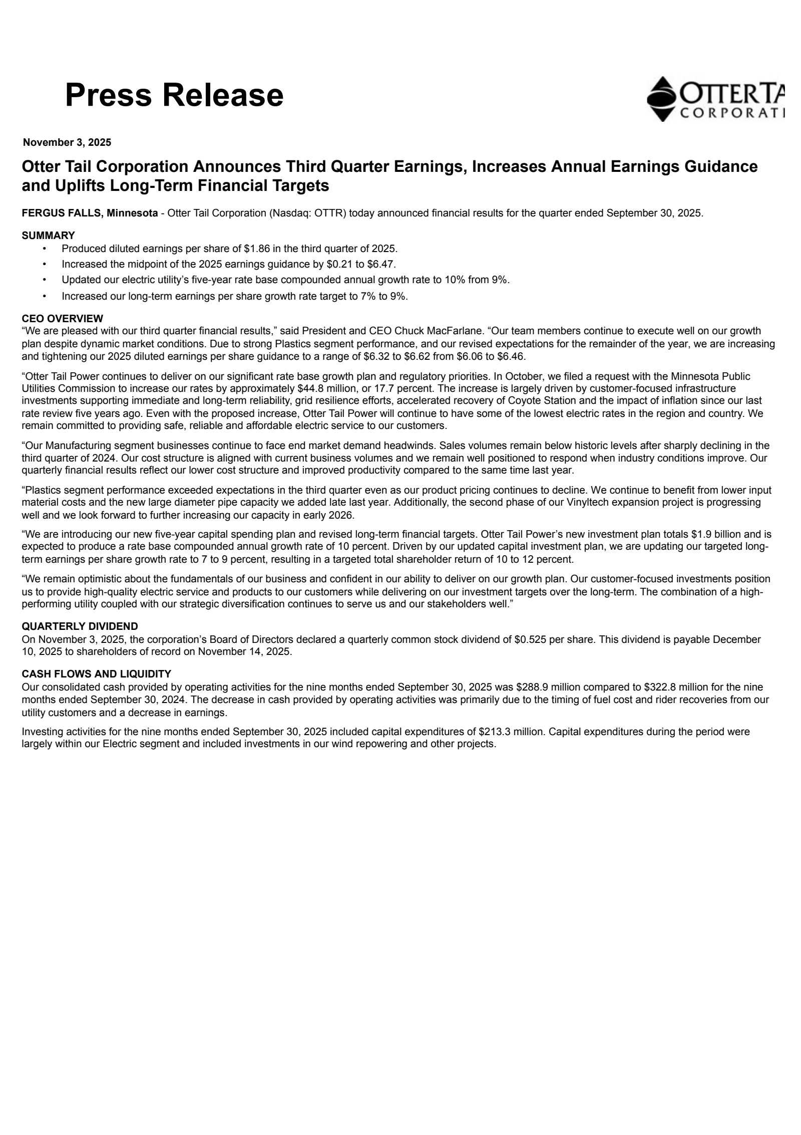 Otter Tail's Q3 2025 Earnings Release