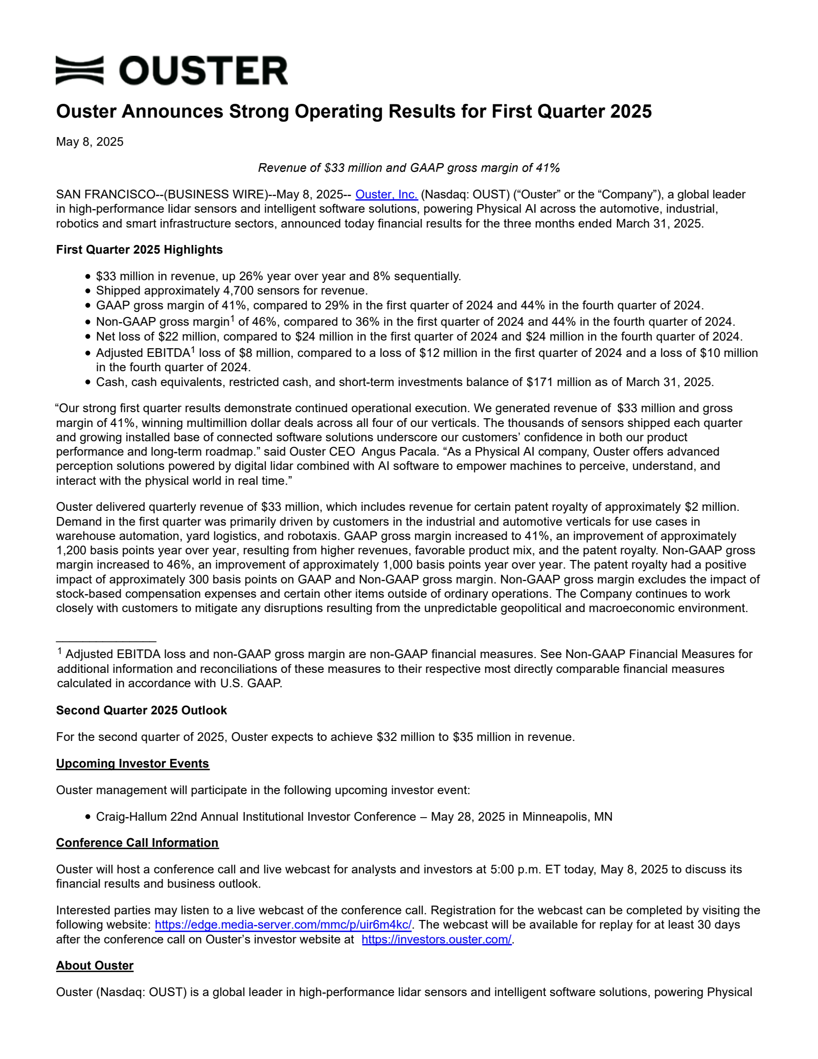 Ouster's Q1 2025 Press Release
