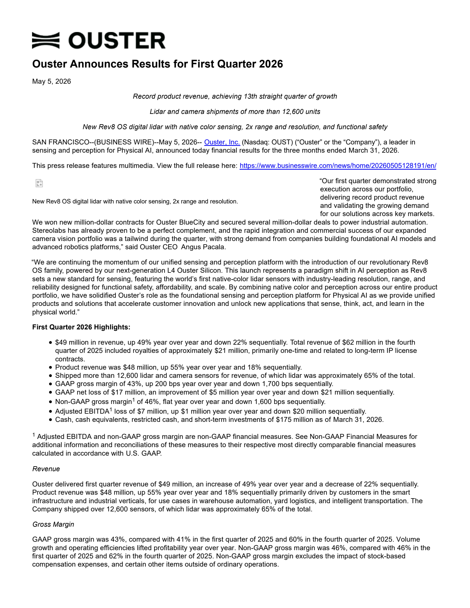Ouster's Q1 2026 Press Release