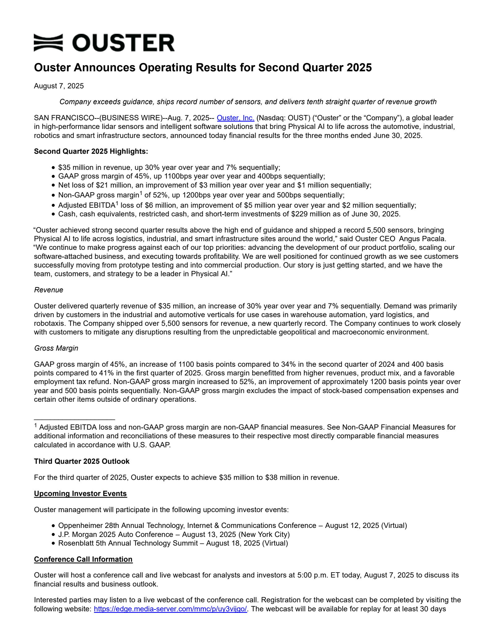 Ouster's Q2 2025 Press Release