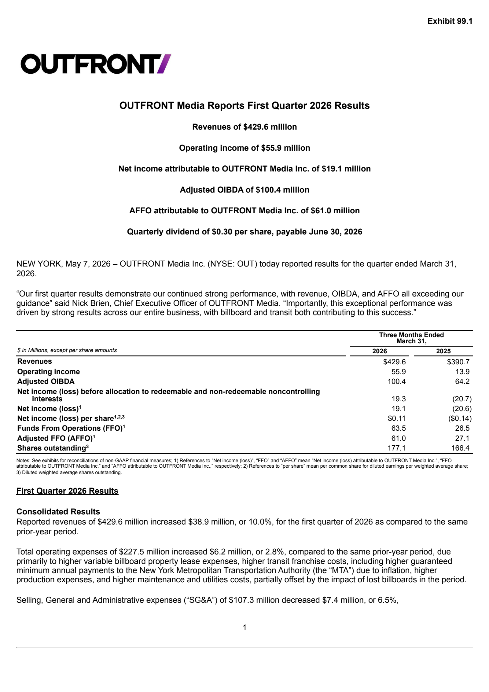 OUTFRONT Media's Q1 2026 Press Release