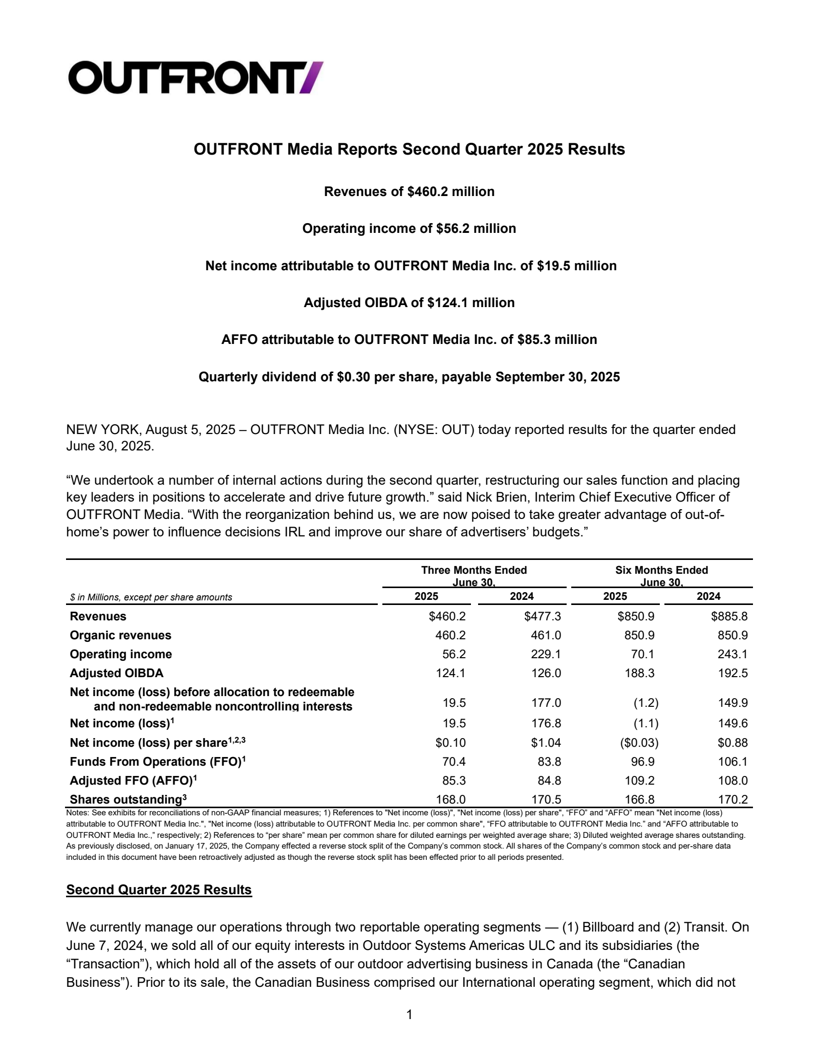 OUTFRONT Media's Q2 2025 Press Release