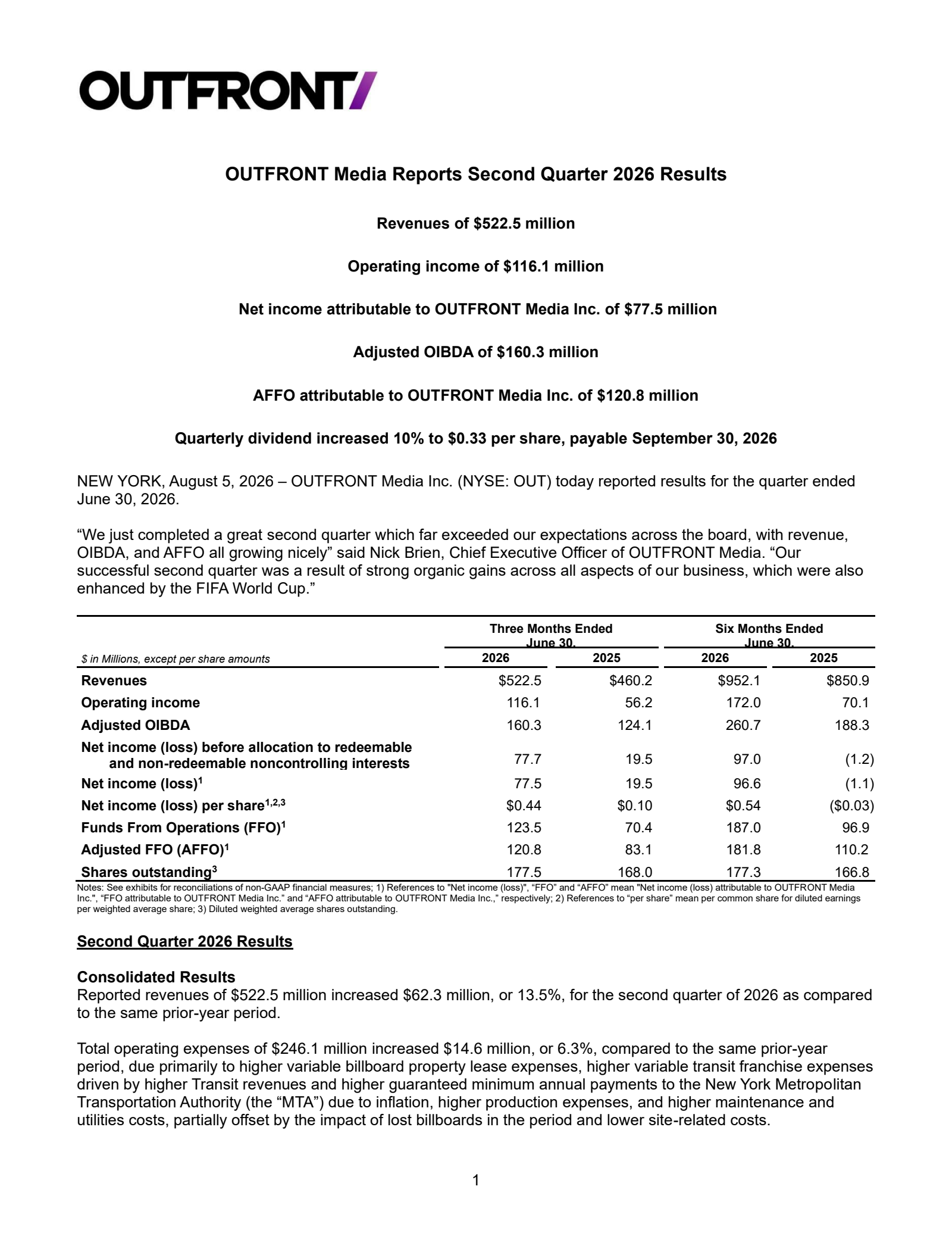 OUTFRONT Media's Q2 2026 Press Release