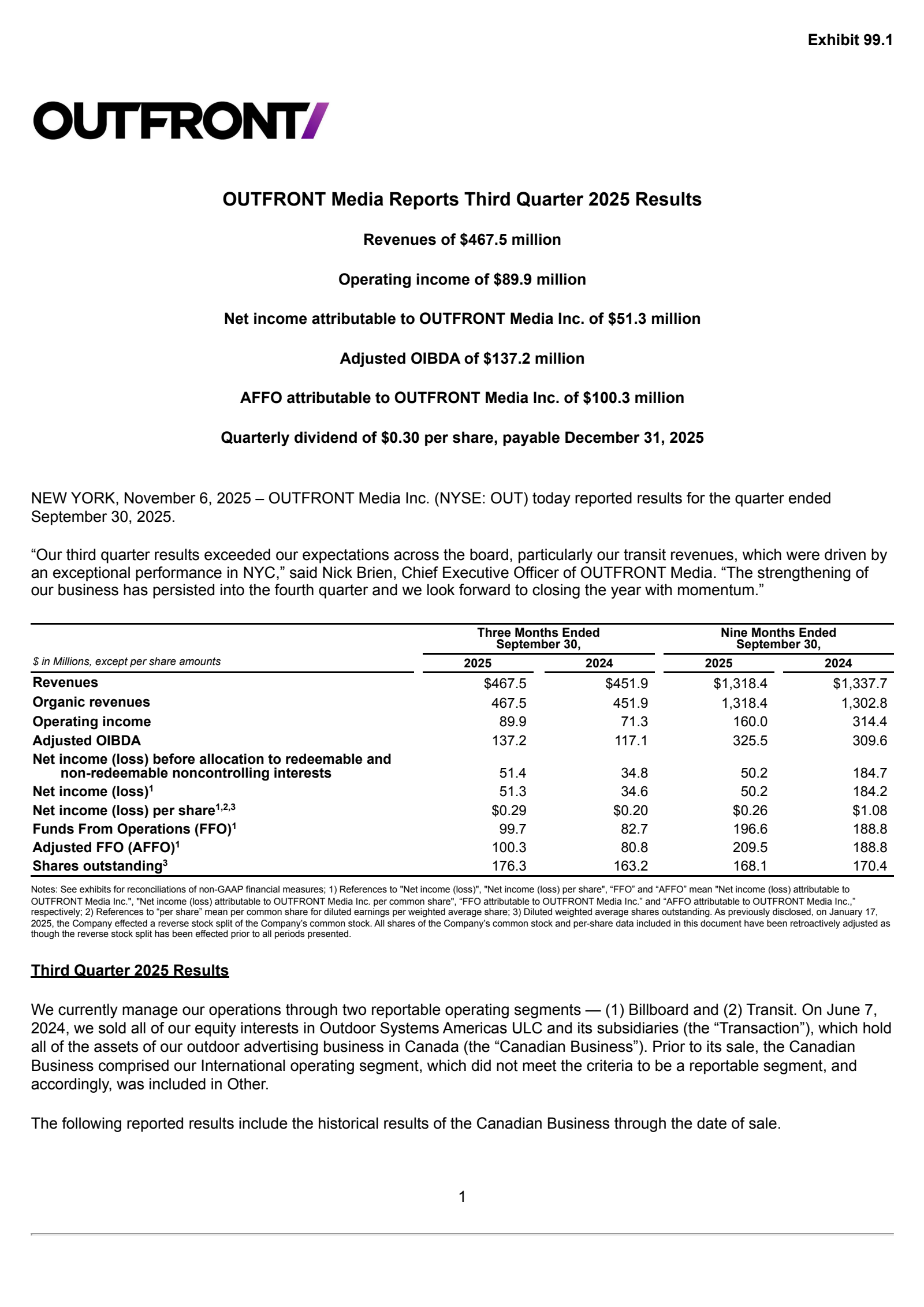 OUTFRONT Media's Q3 2025 Earnings Release