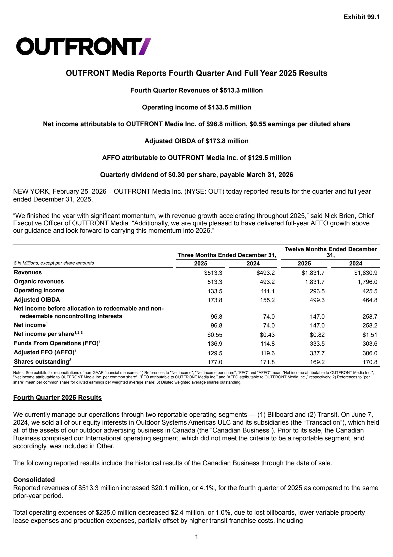 OUTFRONT Media's Q4 2025 Press Release