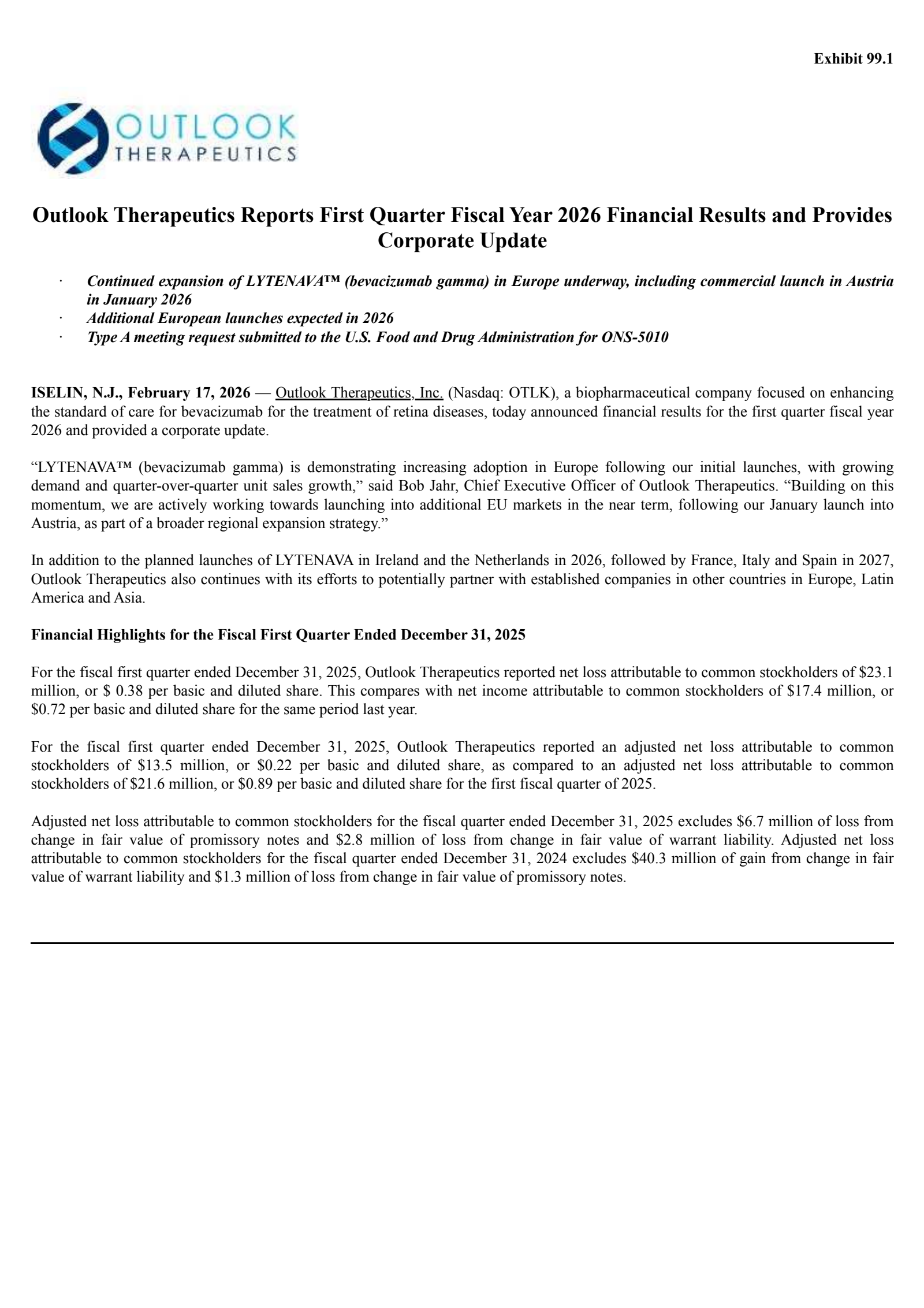 Oncobiologics' Q1 2026 Press Release