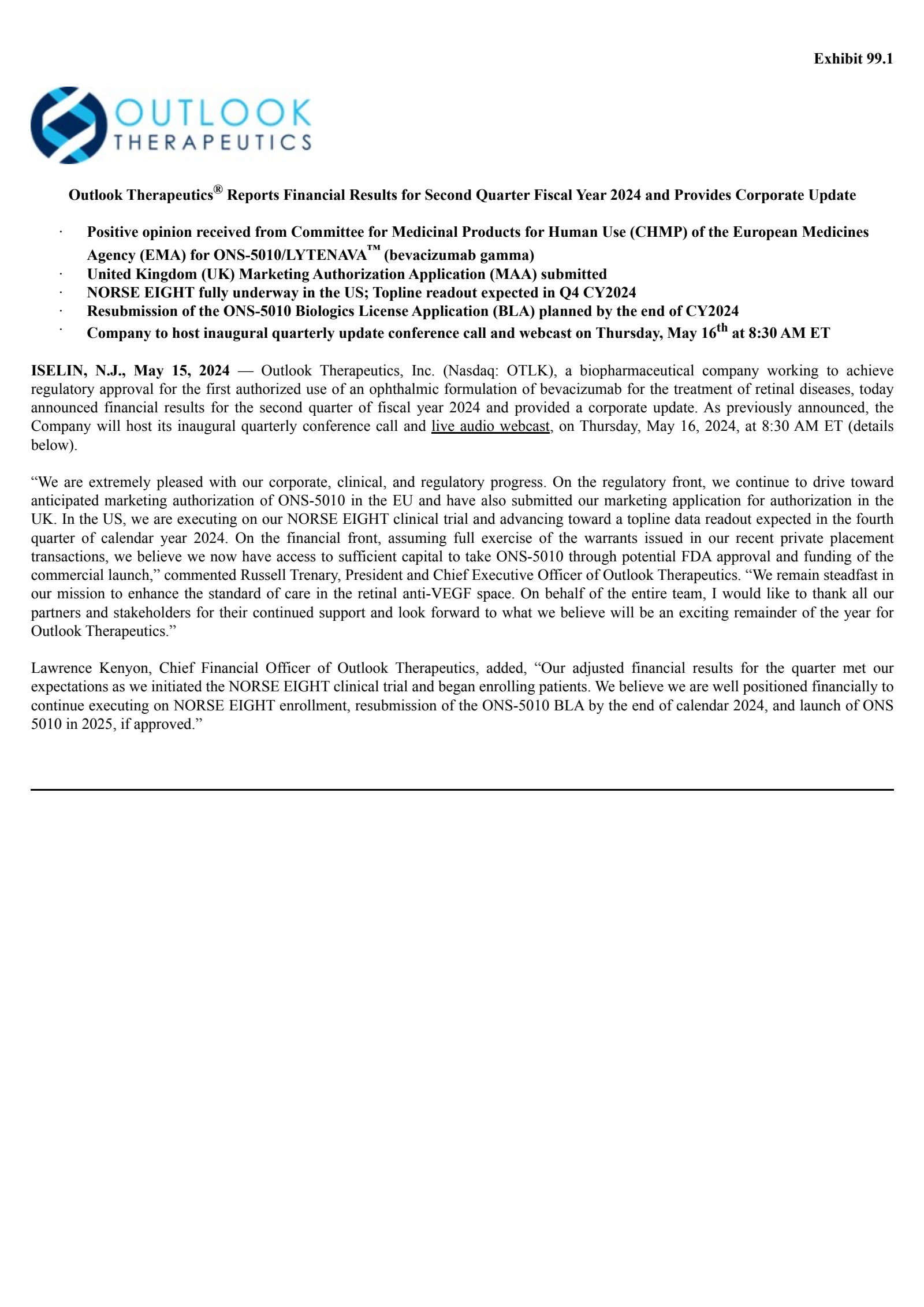 Outlook Therapeutics' Q2 2024 Press Release