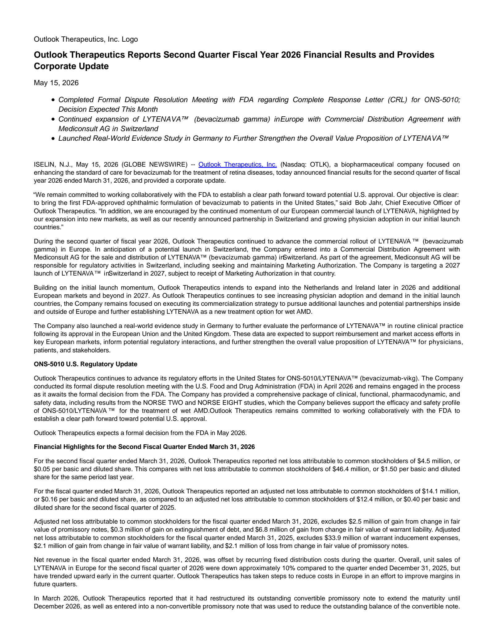 Oncobiologics' Q2 2026 Press Release