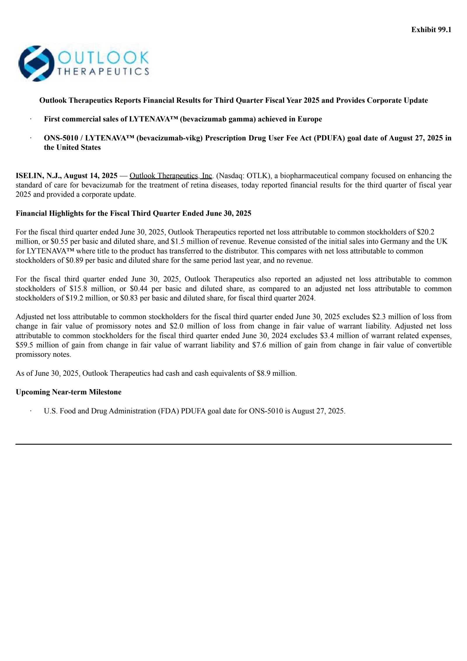 Oncobiologics' Q3 2025 Press Release