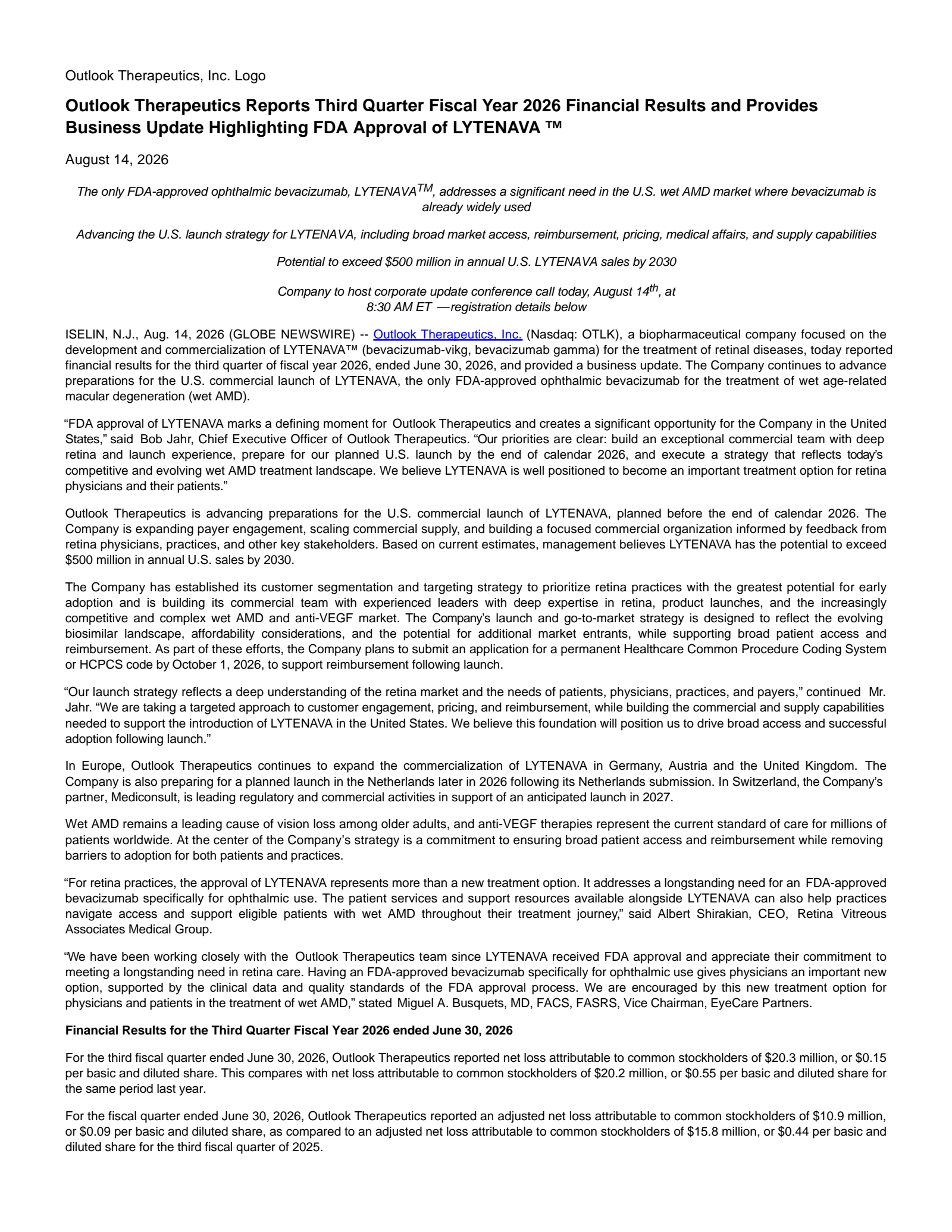 Oncobiologics' Q3 2026 Press Release