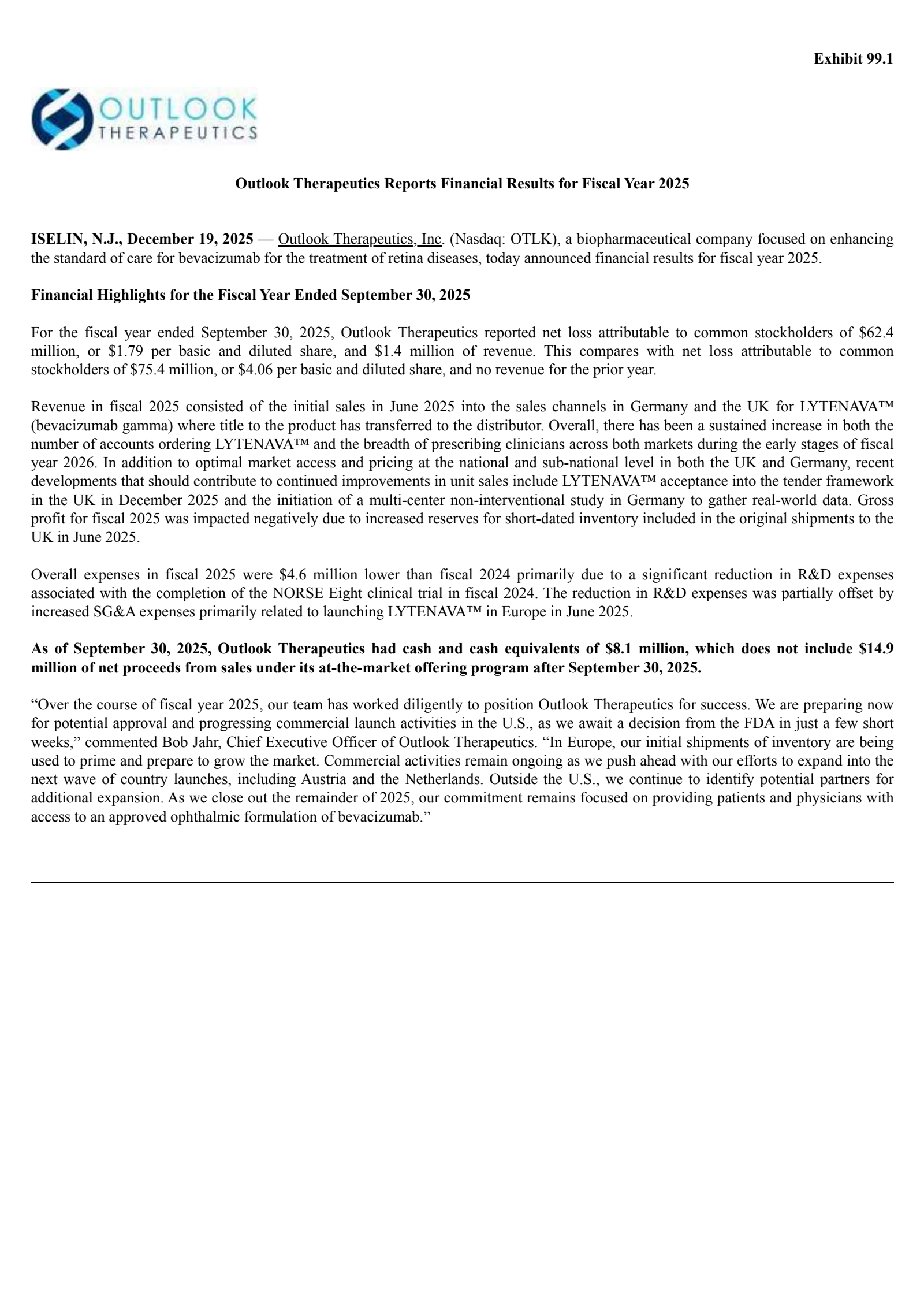 Oncobiologics' Q4 2025 Earnings Release