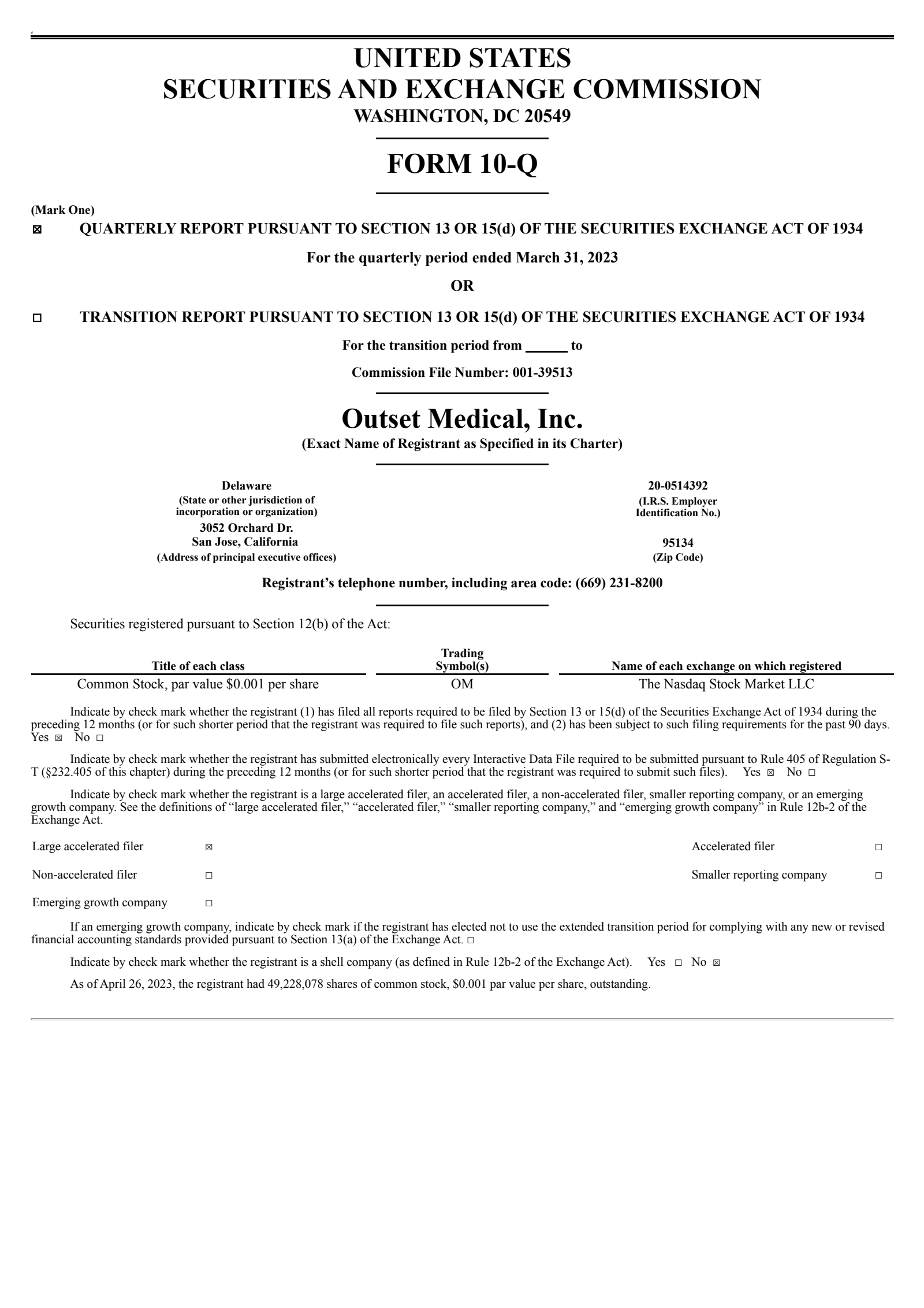 Outset Medical's Q1 2023 Quarterly report