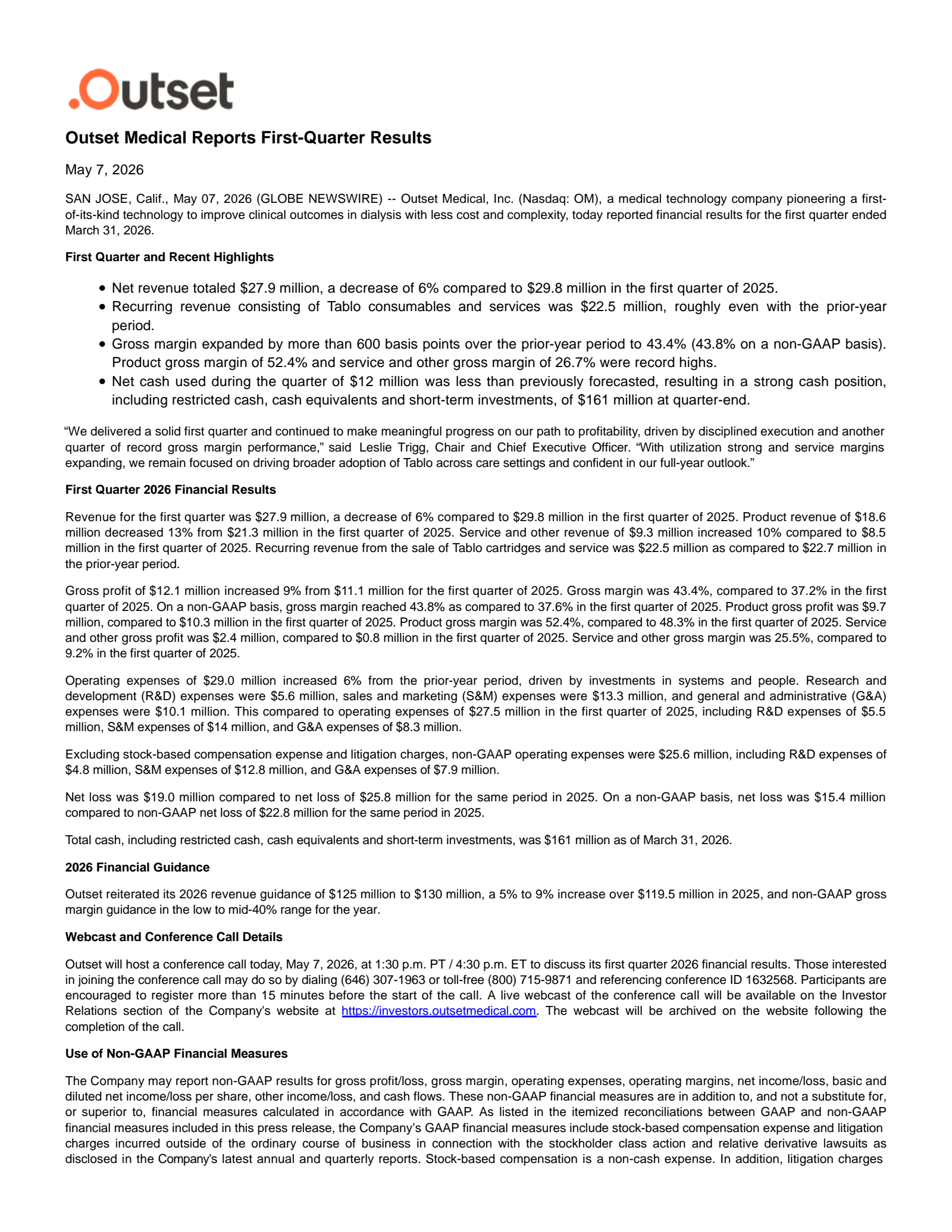Outset Medical's Q1 2026 Press Release