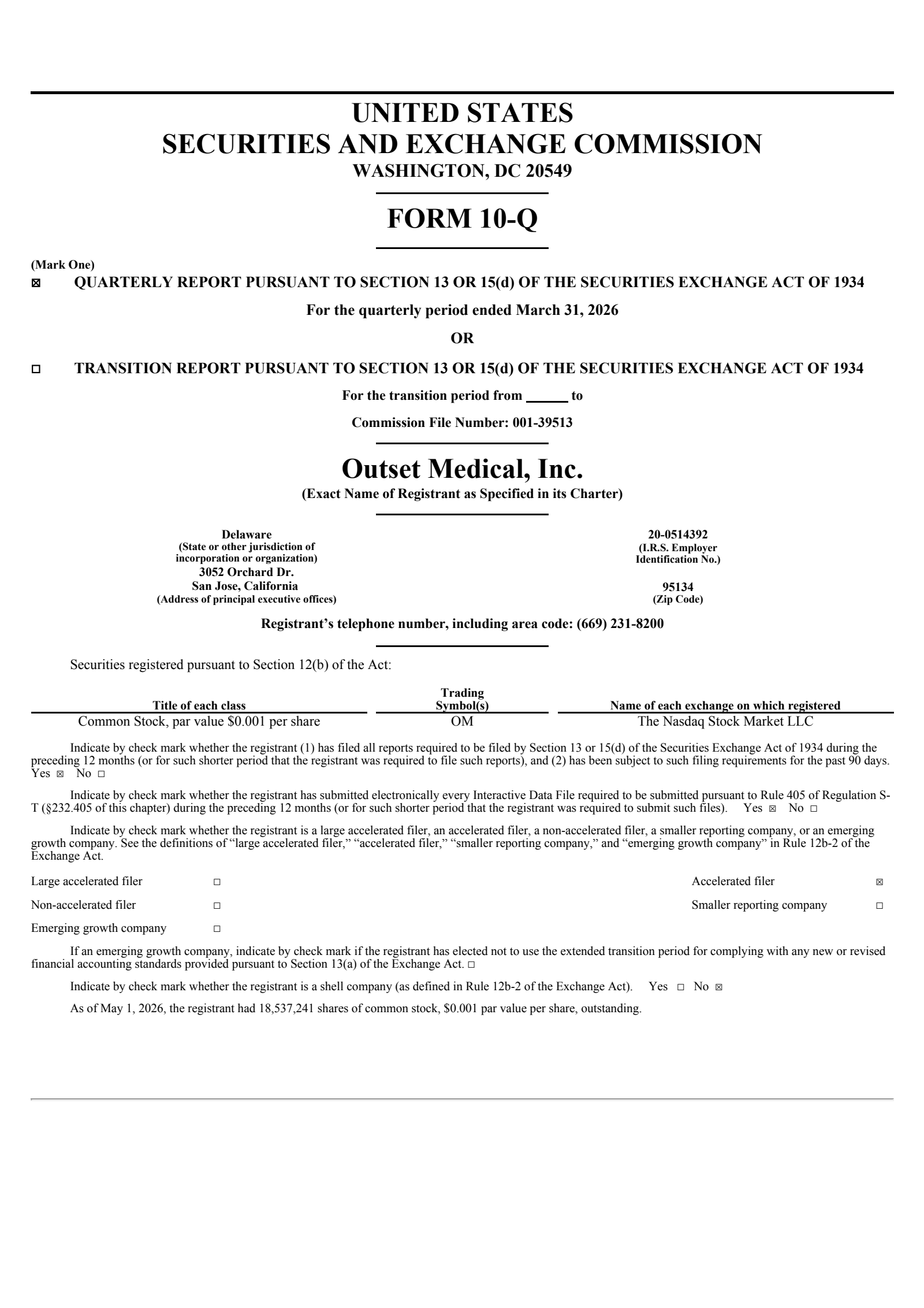 Outset Medical's Q1 2026 Quarterly report