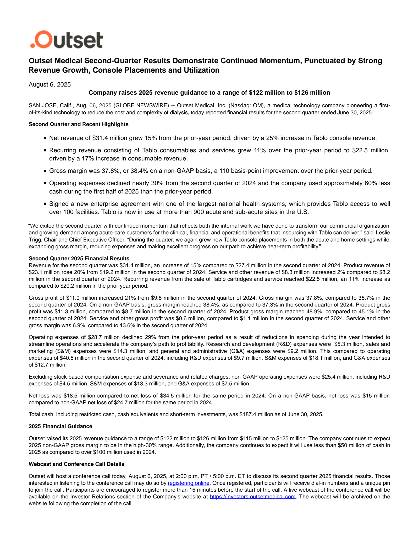 Outset Medical's Q2 2025 Press Release