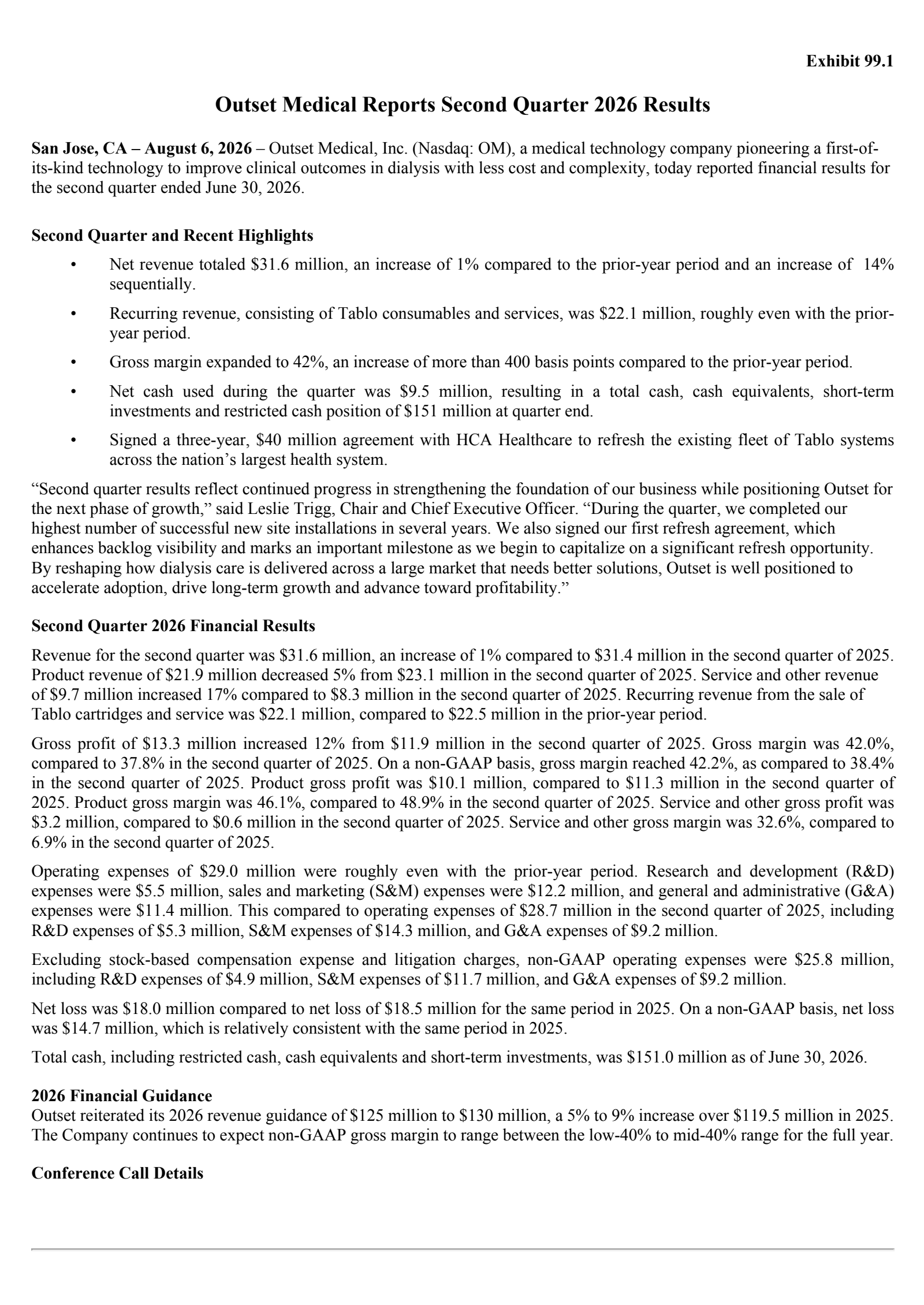 Outset Medical's Q2 2026 Press Release