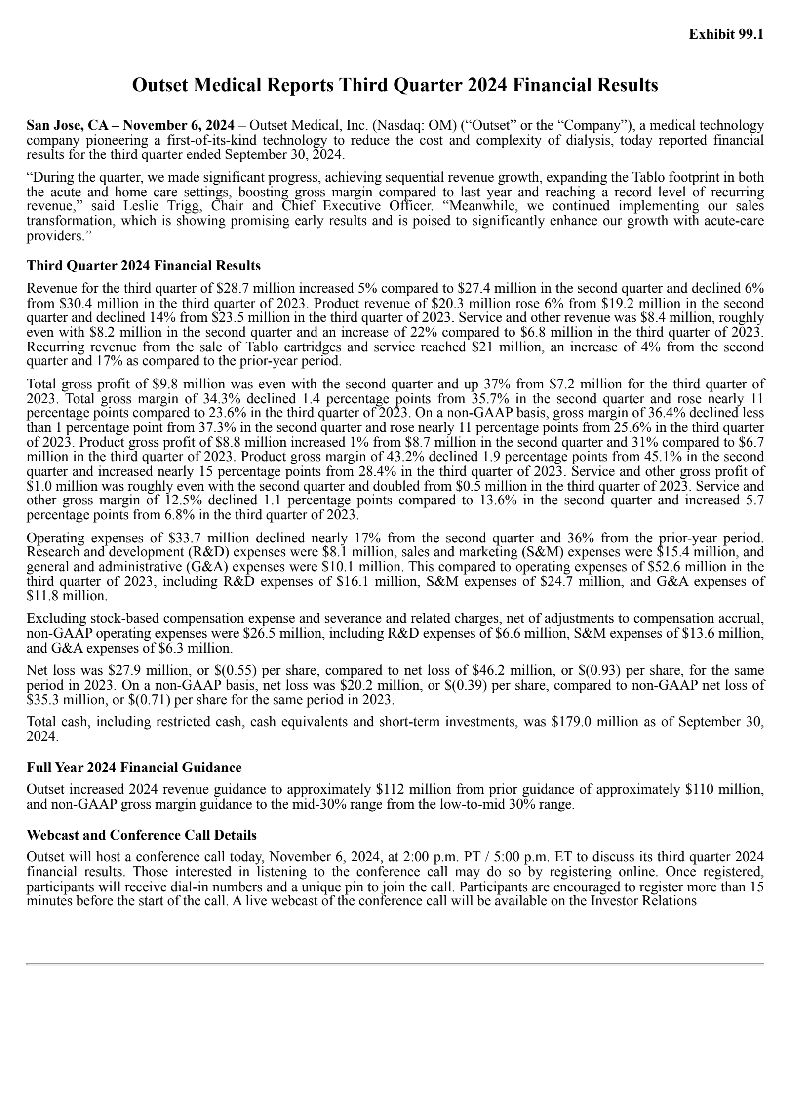 Outset Medical's Q3 2024 Press Release
