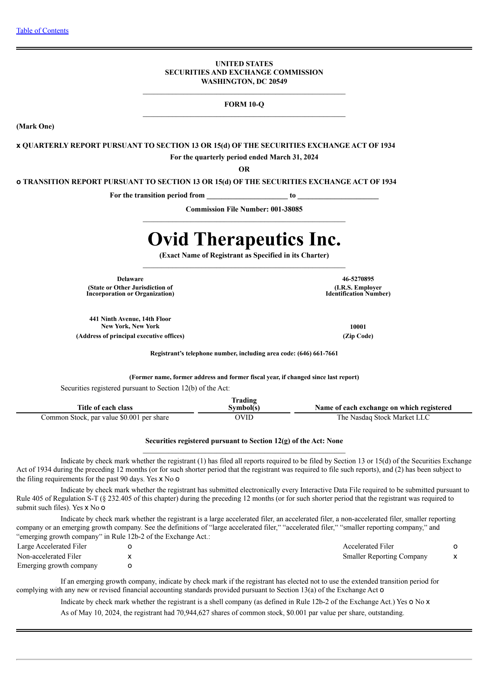 Ovid Therapeutics' Q1 2024 Quarterly report