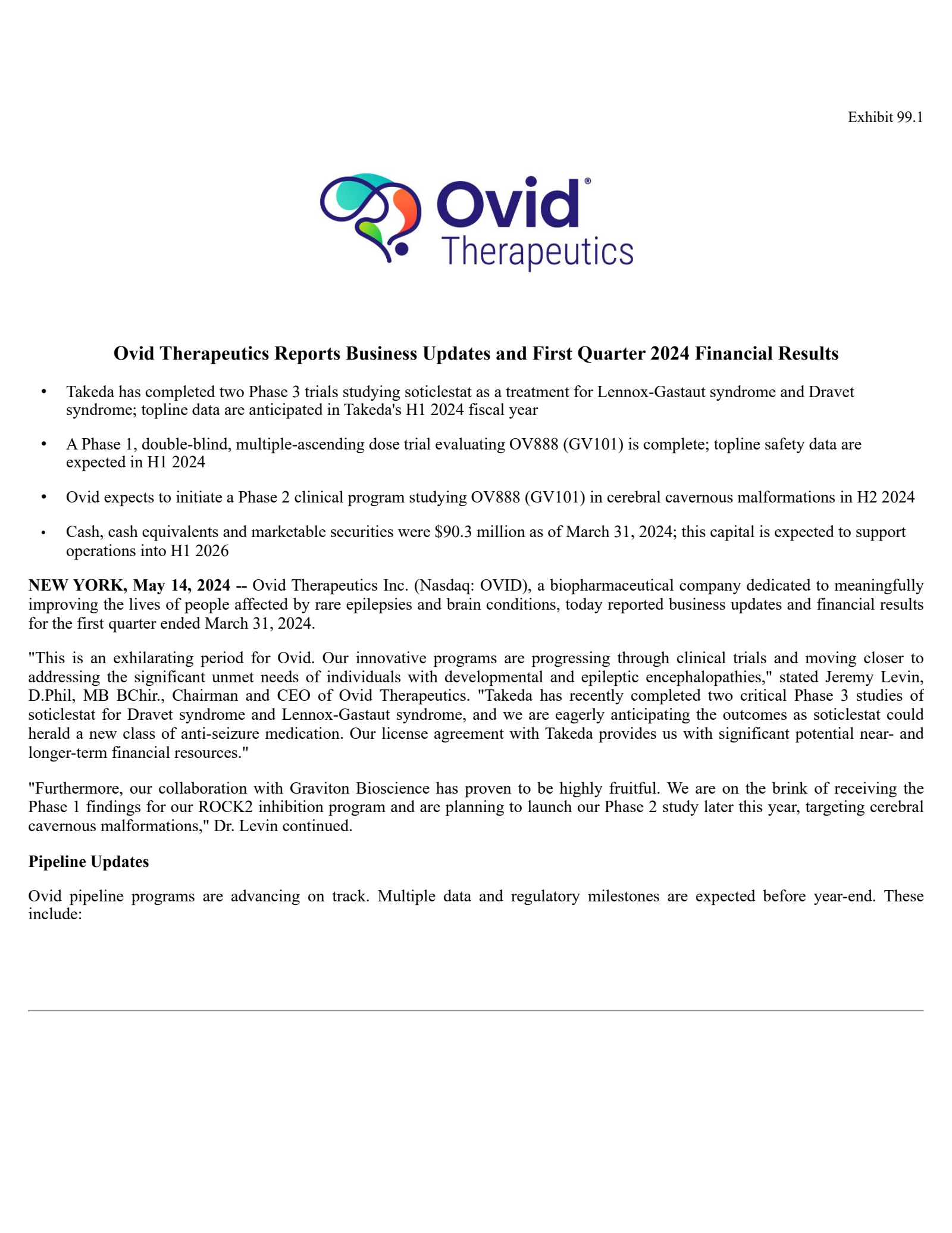 Ovid Therapeutics' Q1 2024 Press Release