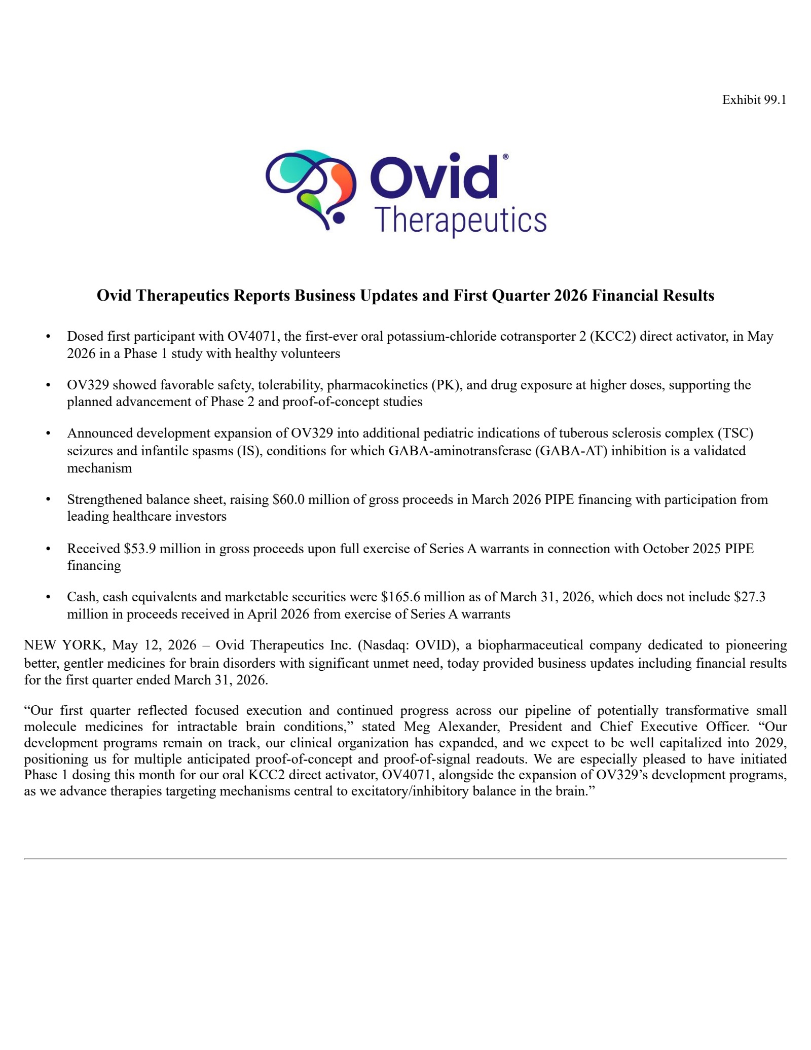 Ovid Therapeutics' Q1 2026 Press Release