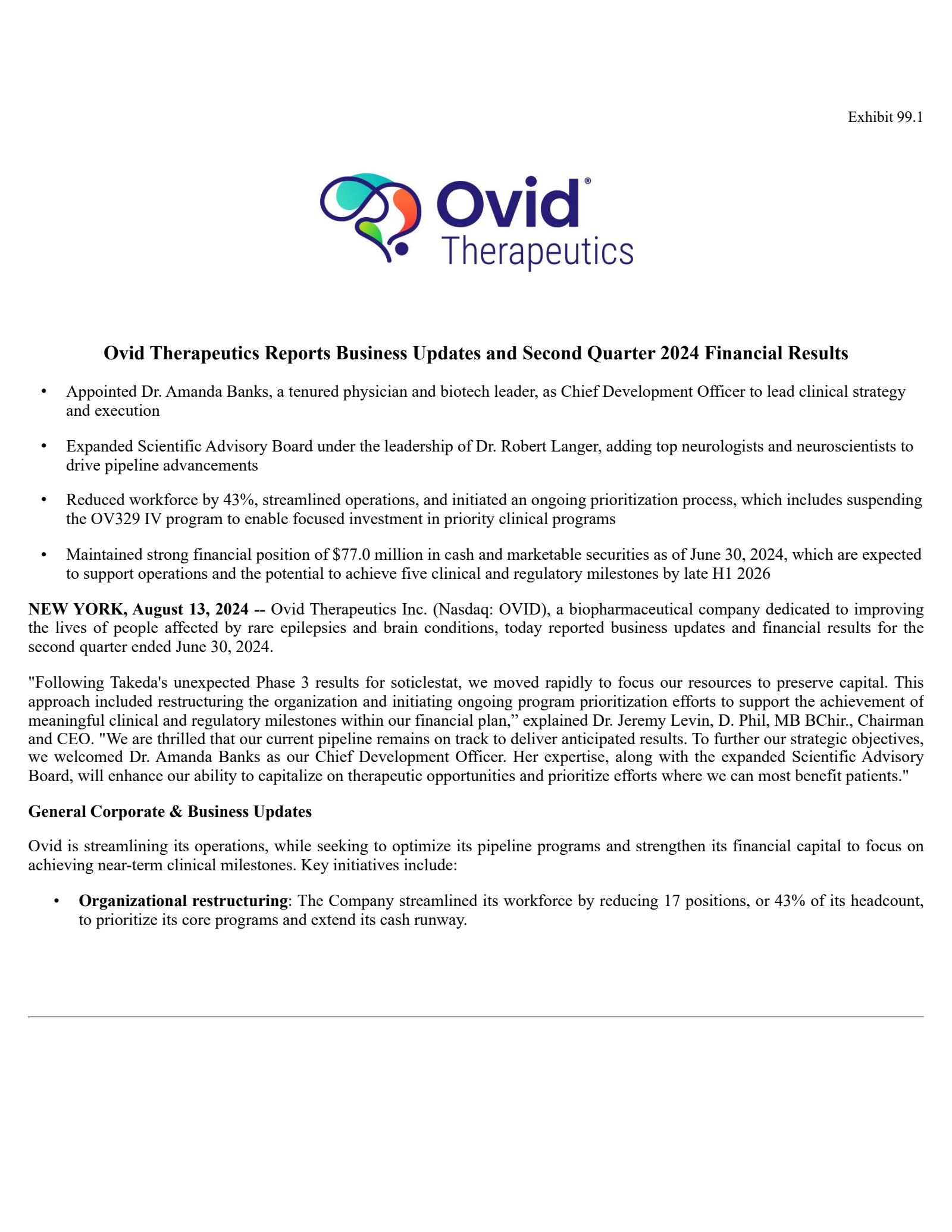 Ovid Therapeutics' Q2 2024 Press Release