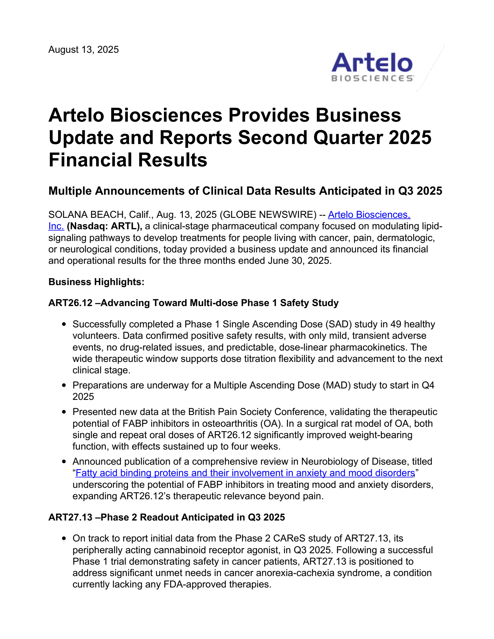 Ovid Therapeutics' Q2 2025 Press Release