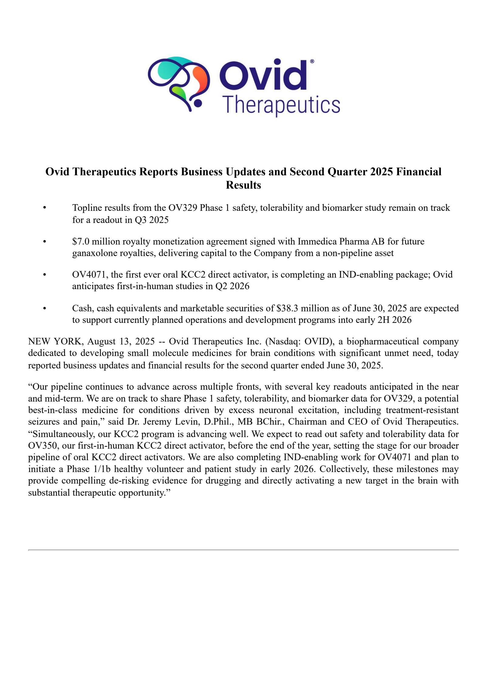 Ovid Therapeutics' Q2 2025 Earnings Release