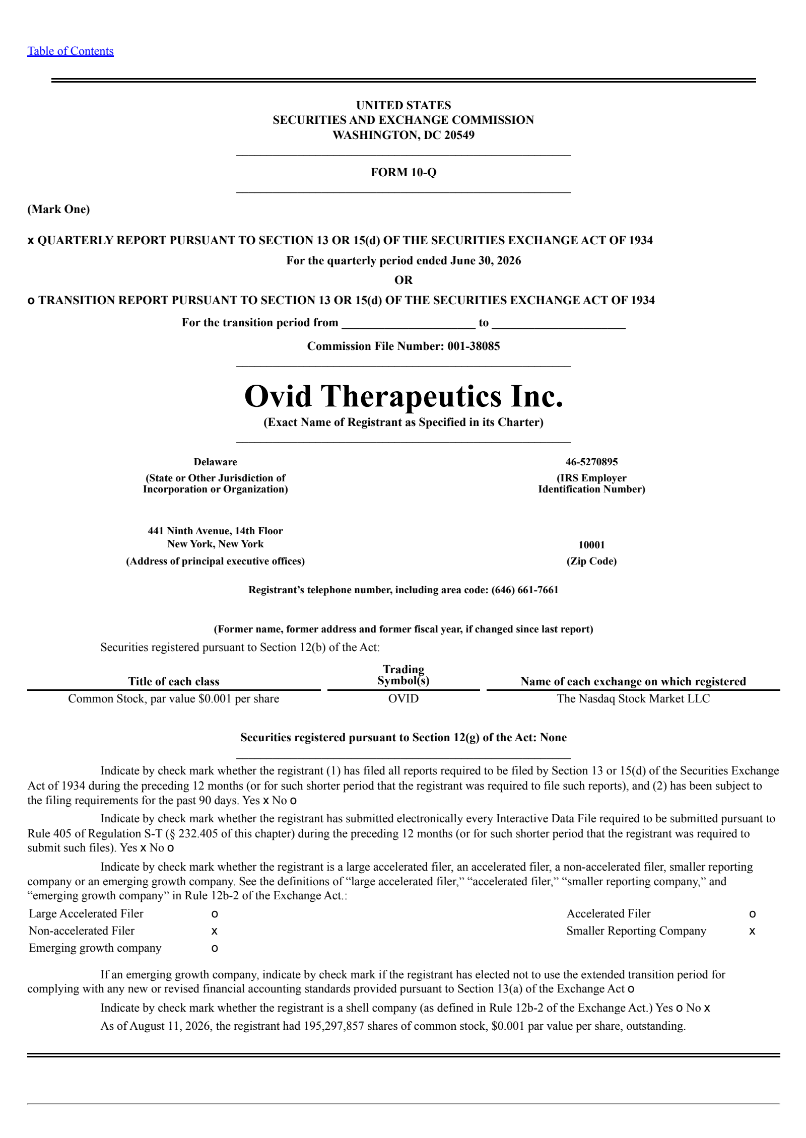 Ovid Therapeutics' Q2 2026 Quarterly report