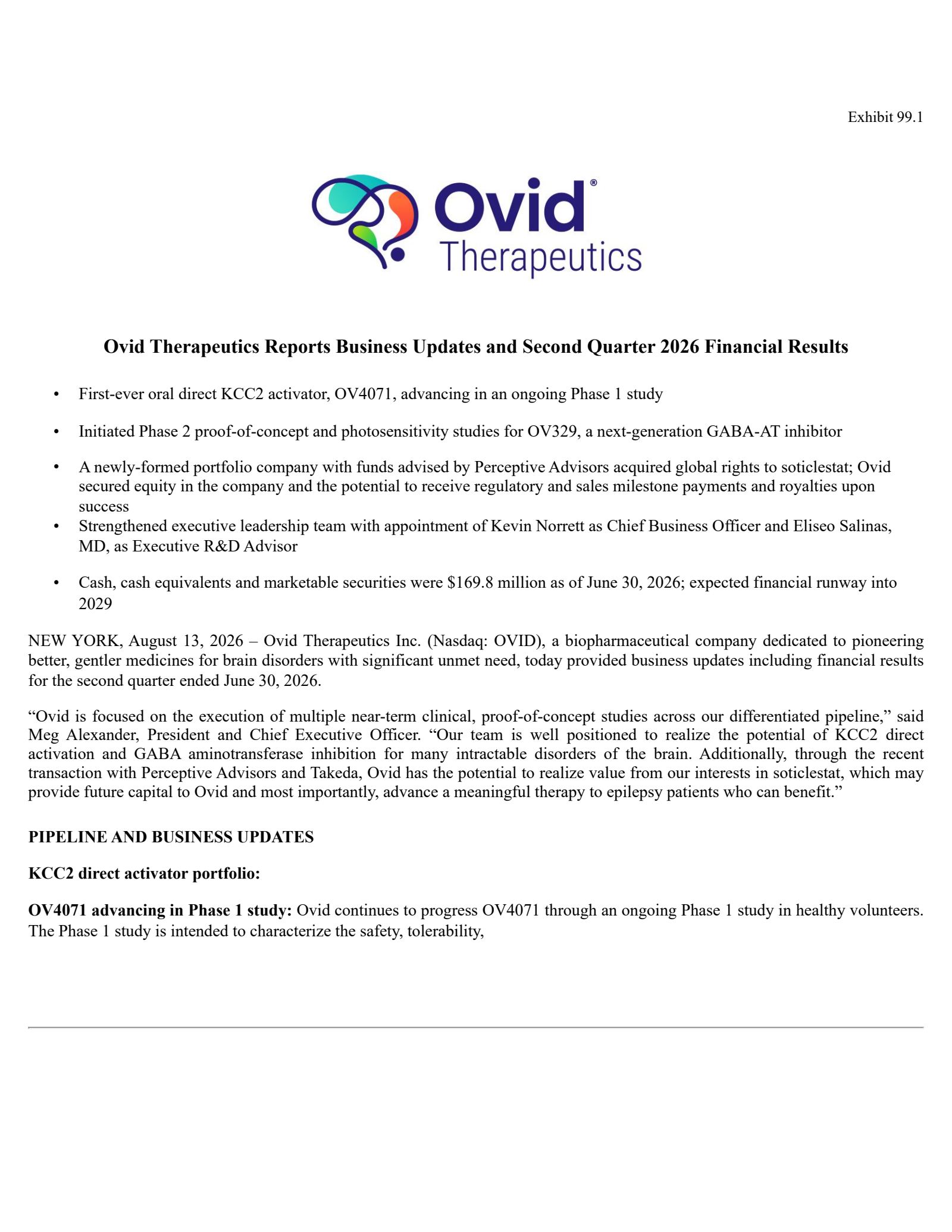 Ovid Therapeutics' Q2 2026 Press Release