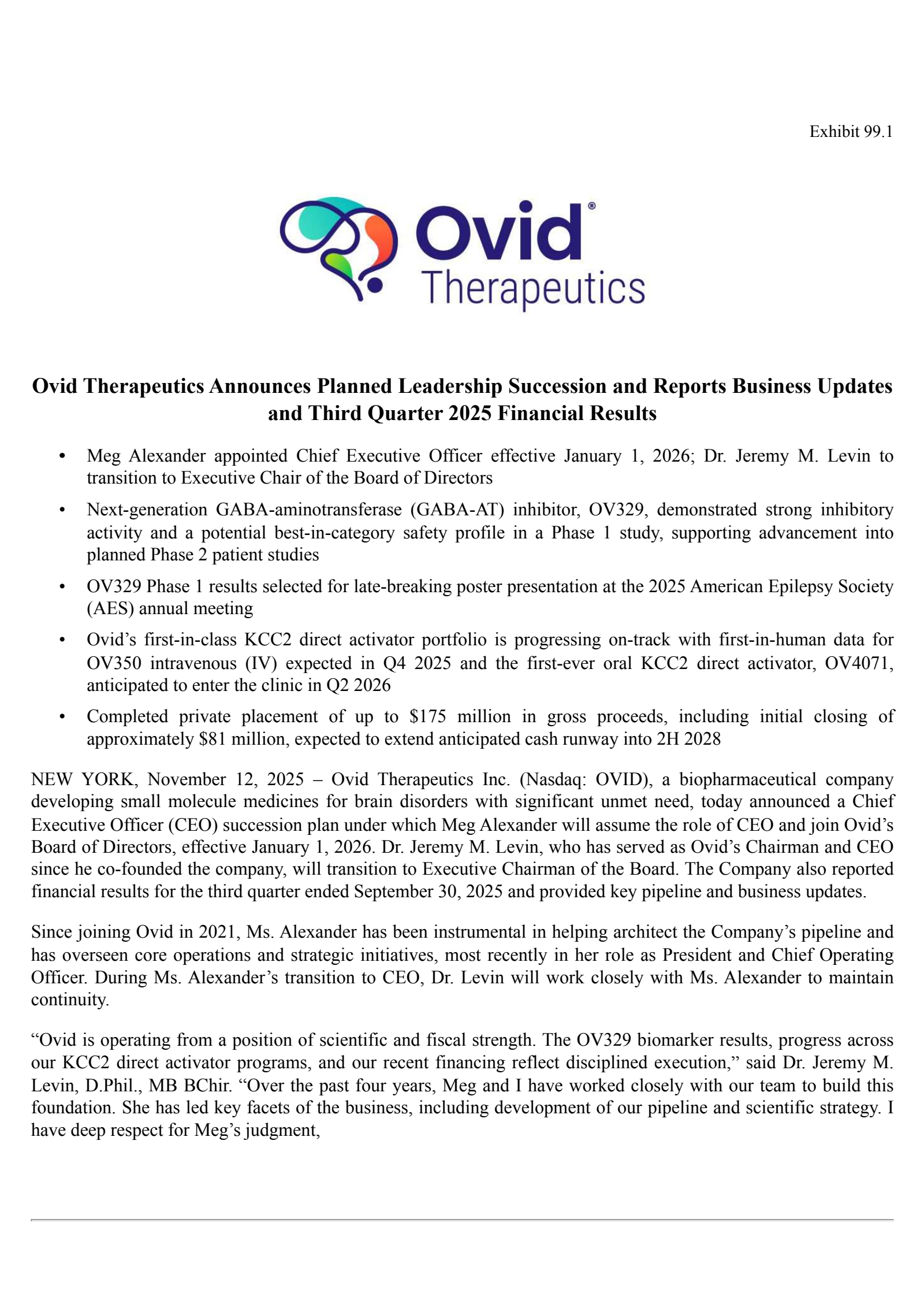 Ovid Therapeutics' Q3 2025 Earnings Release