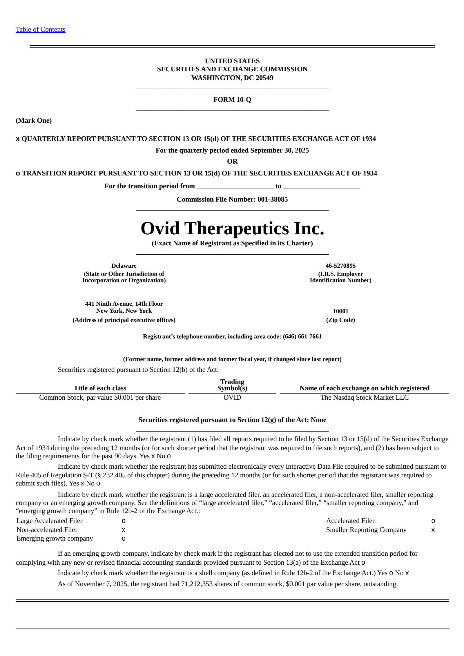 Ovid Therapeutics' Q3 2025 Quarterly Report