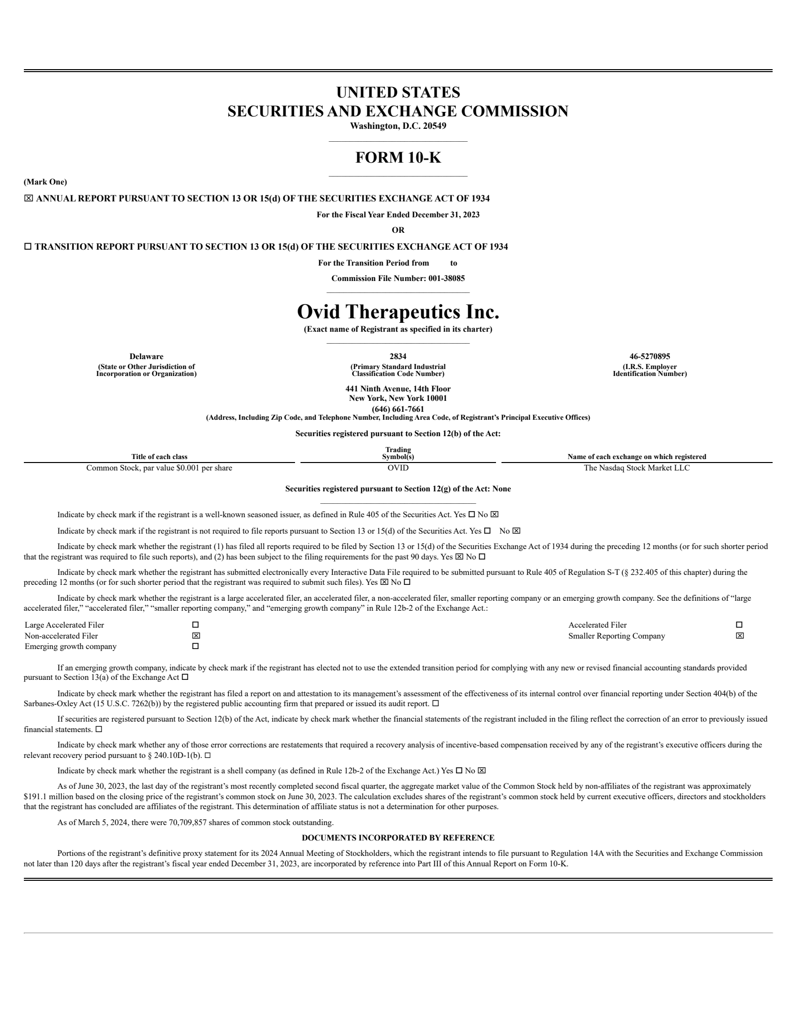 Ovid Therapeutics' Q4 2023 Annual Report