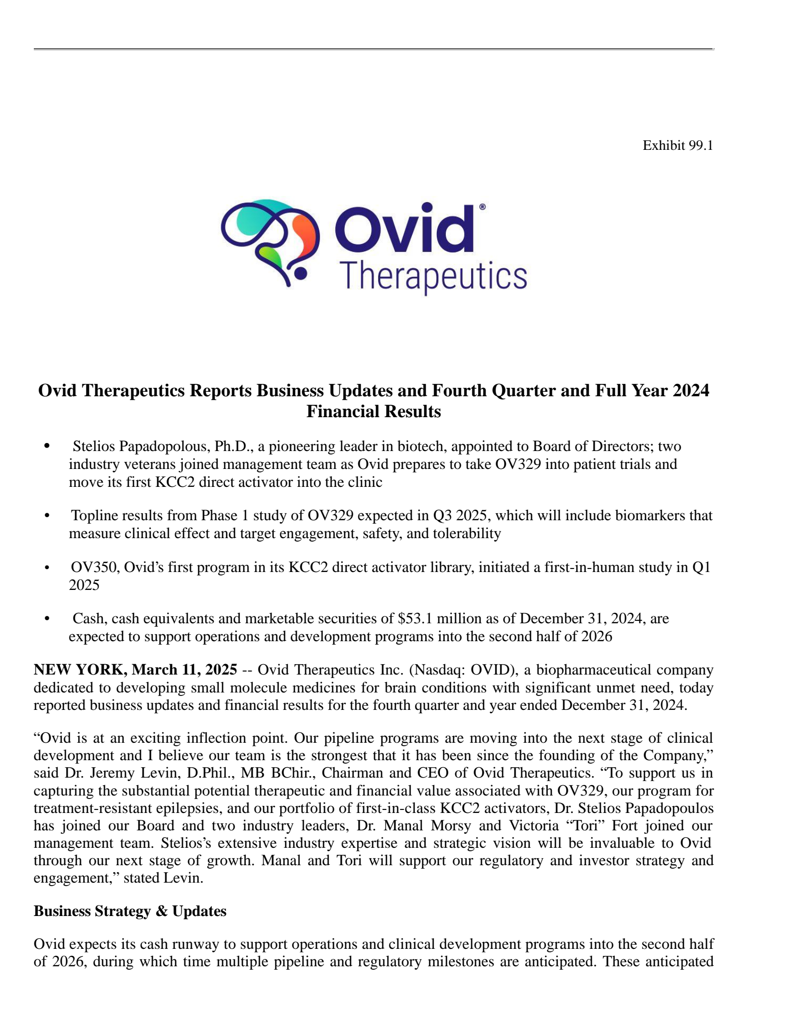 Ovid Therapeutics' Q4 2024 Press Release