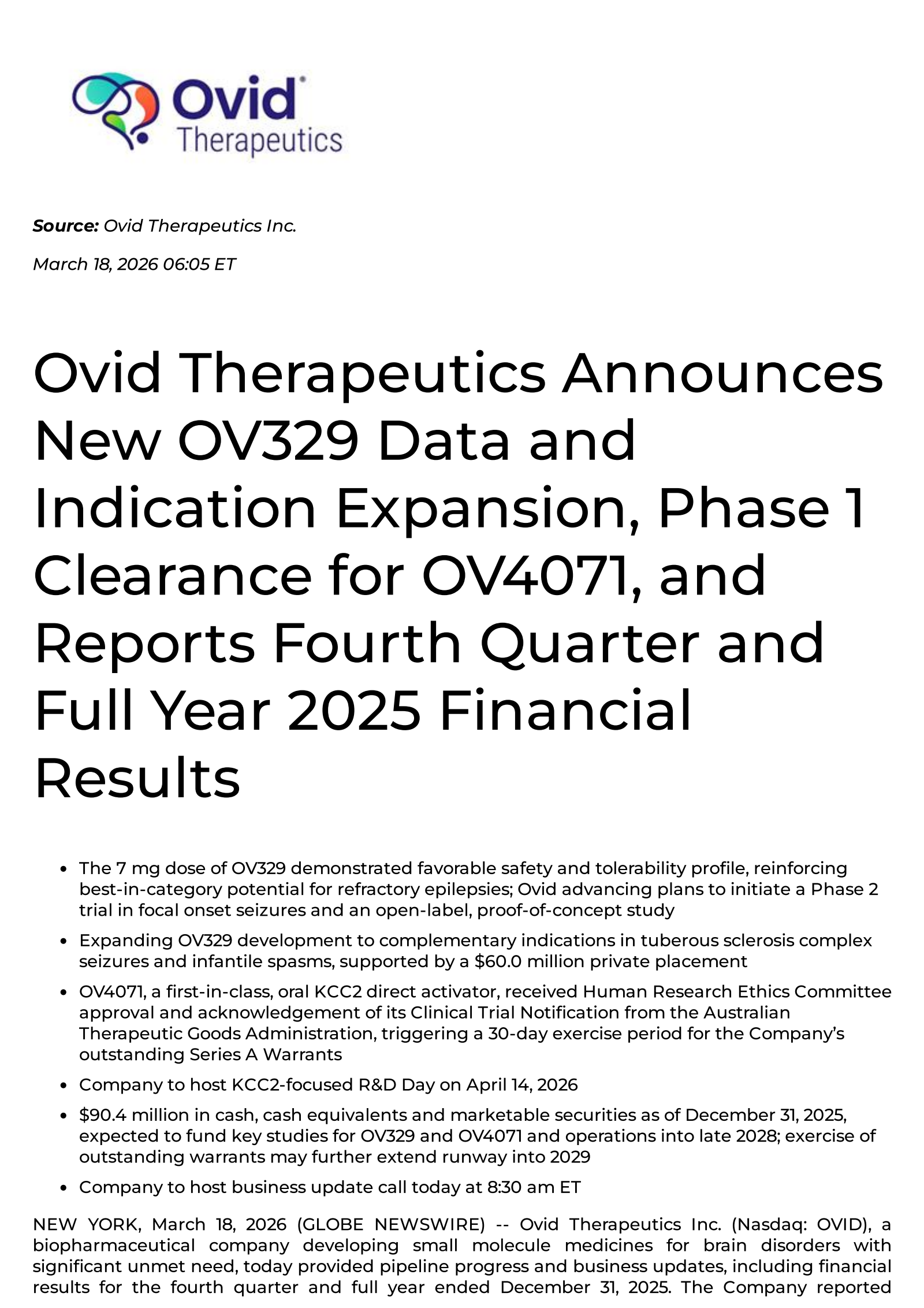 Ovid Therapeutics' Q4 2025 Press Release