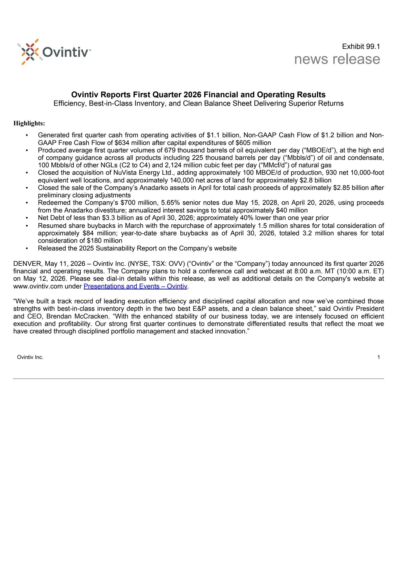 Ovintiv's Q1 2026 Press Release