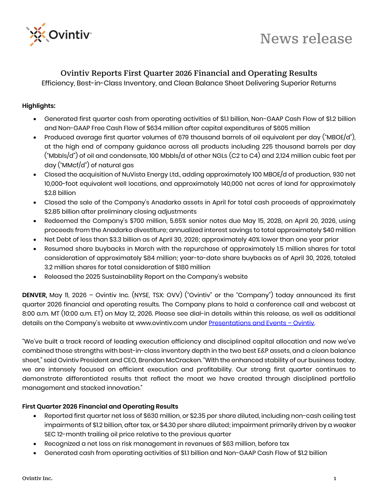 Ovintiv's Q1 2026 Press Release