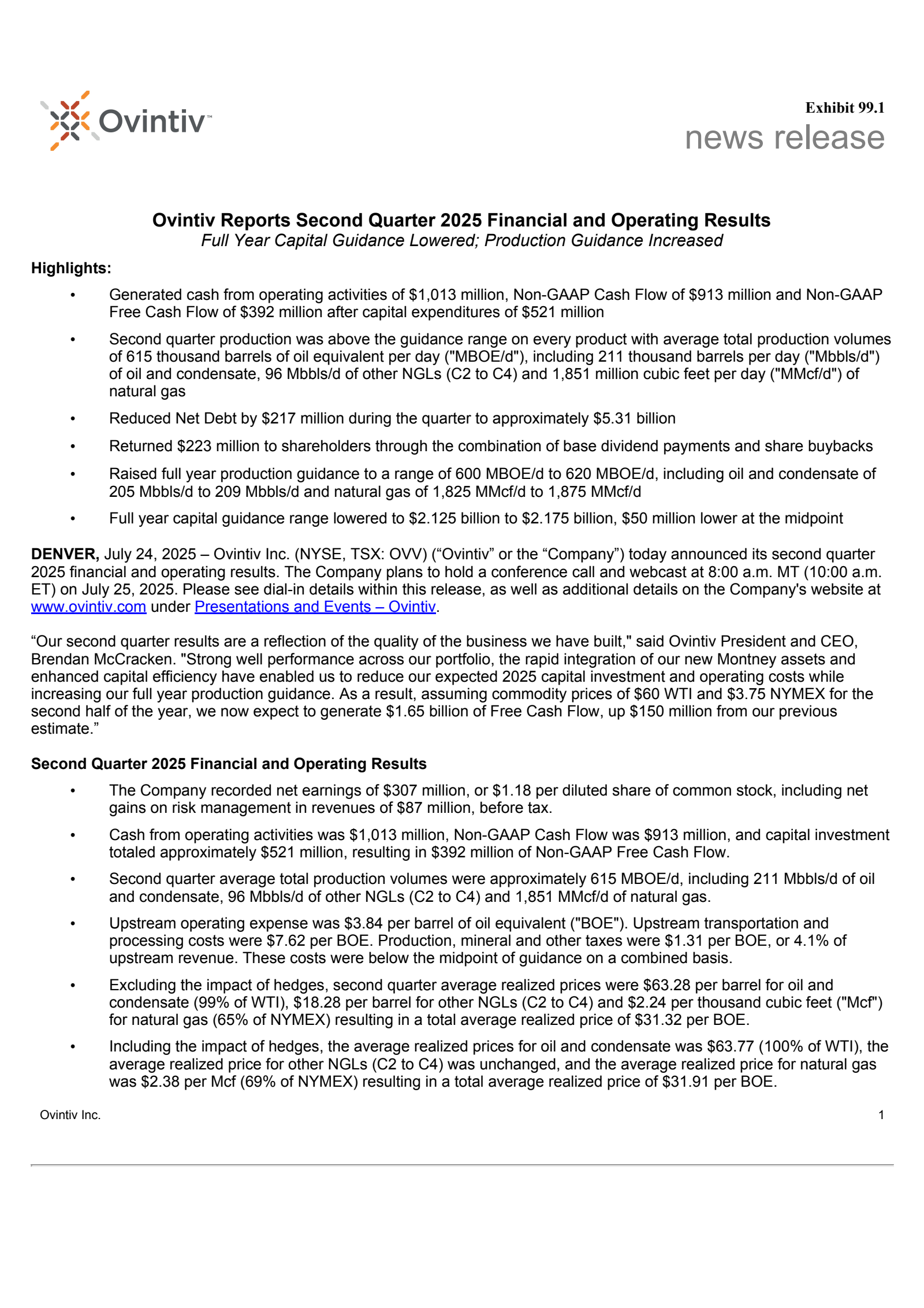 Ovintiv's Q2 2025 Press Release
