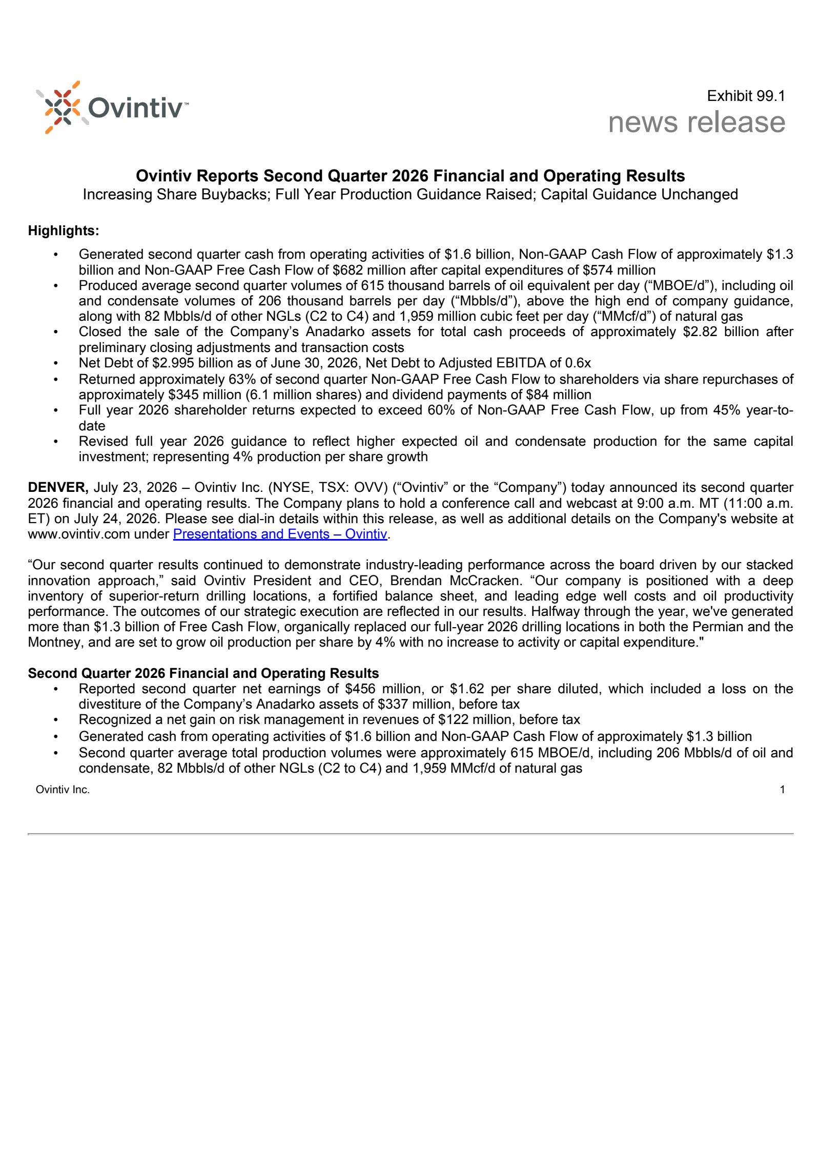 Ovintiv's Q2 2026 Press Release