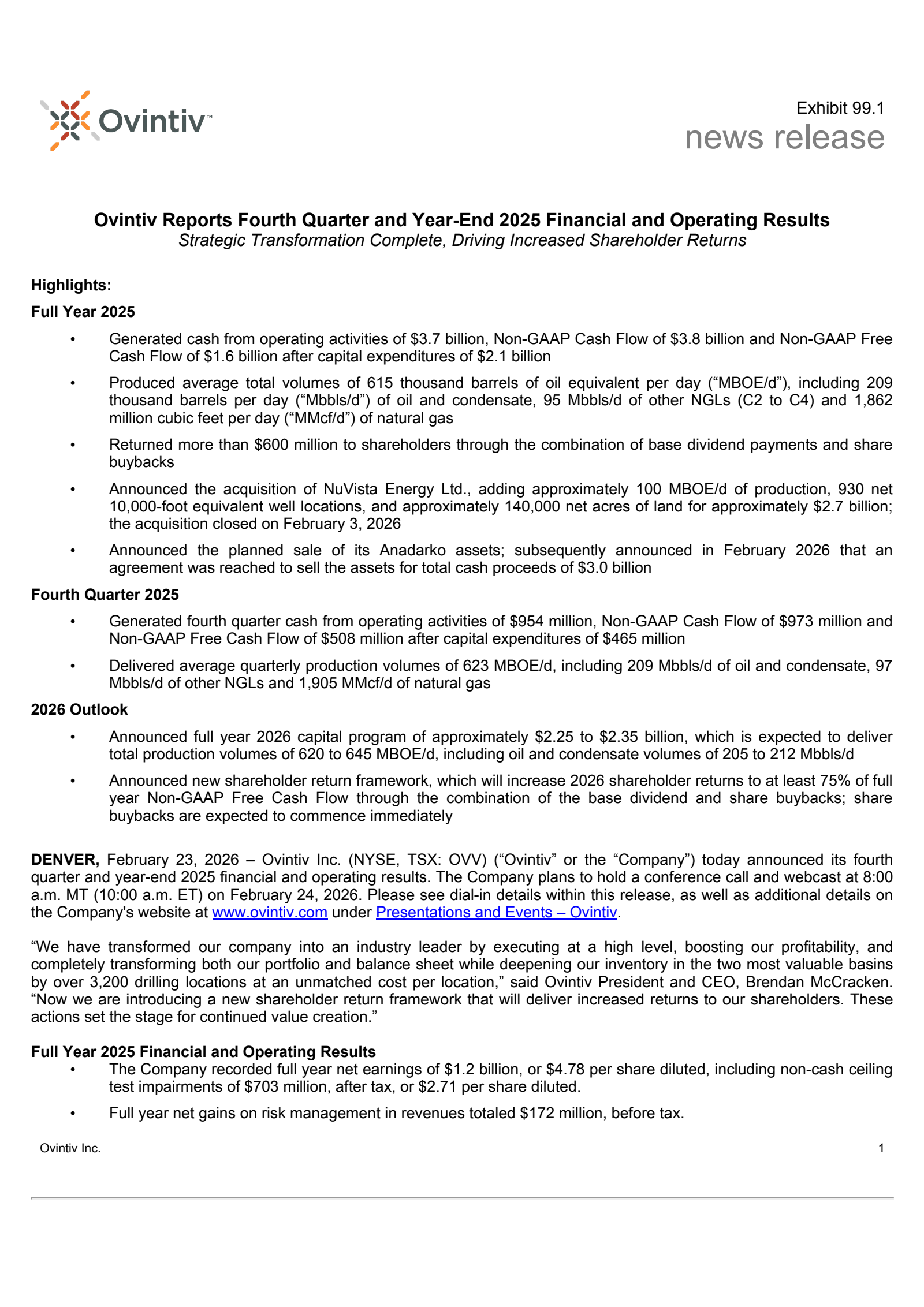Ovintiv's Q4 2025 Press Release