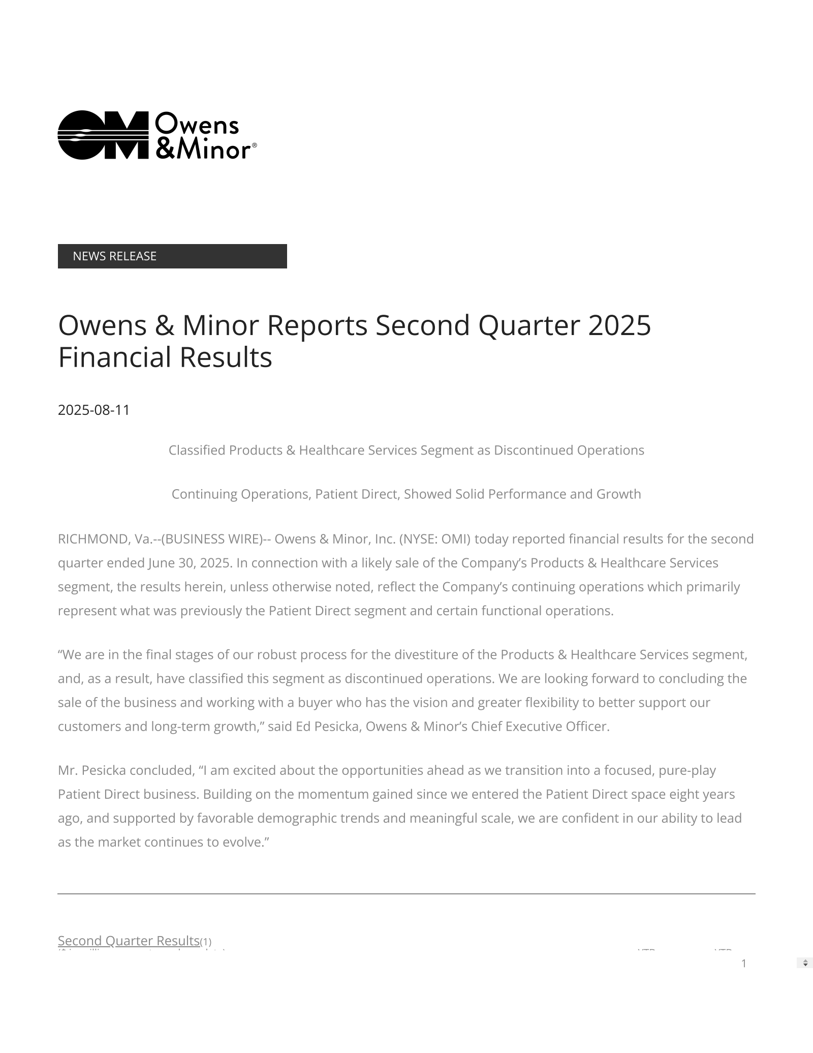 Owens & Minor's Q2 2025 Press Release