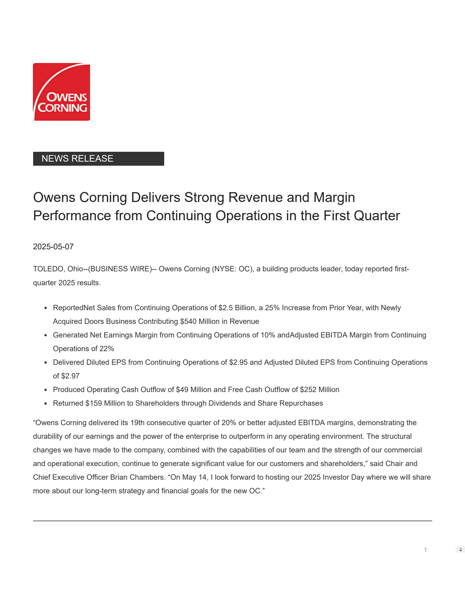 Owens Corning's Q1 2025 Press Release