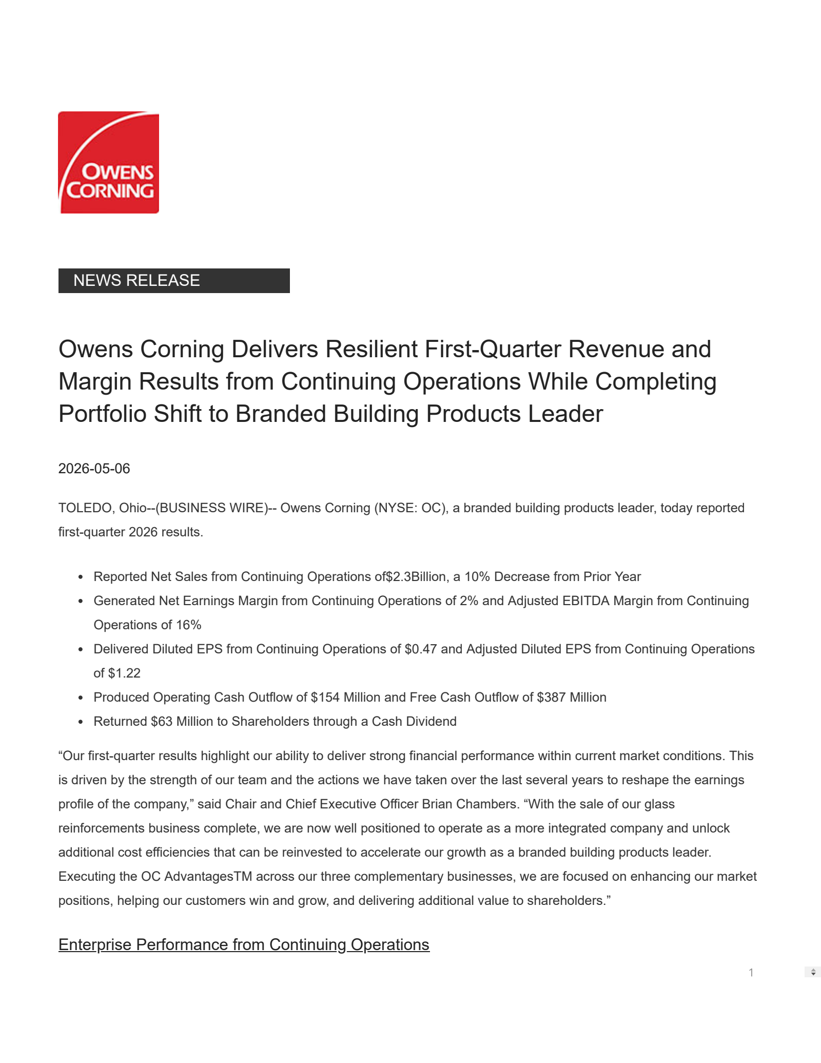 Owens Corning's Q1 2026 Press Release