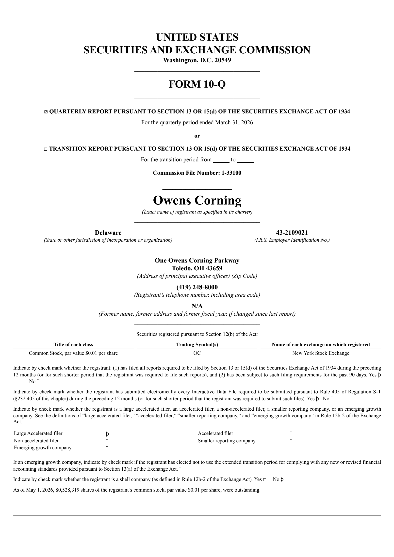 Owens Corning's Q1 2026 Quarterly report